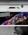 Neon blue, violet, and ember-orange space desk pad 36x16 inches for a vibrant late-night gaming vibe.