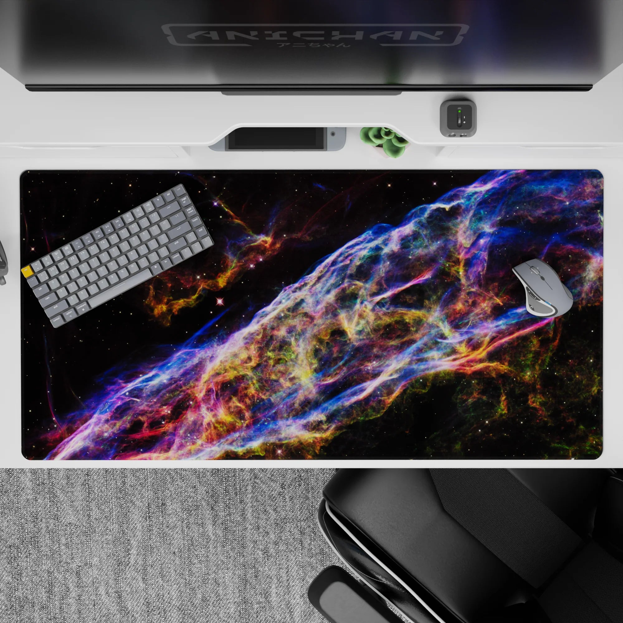 Neon blue, violet, and ember-orange swirl desk pad with glittery space vibe, 40x20 inches.