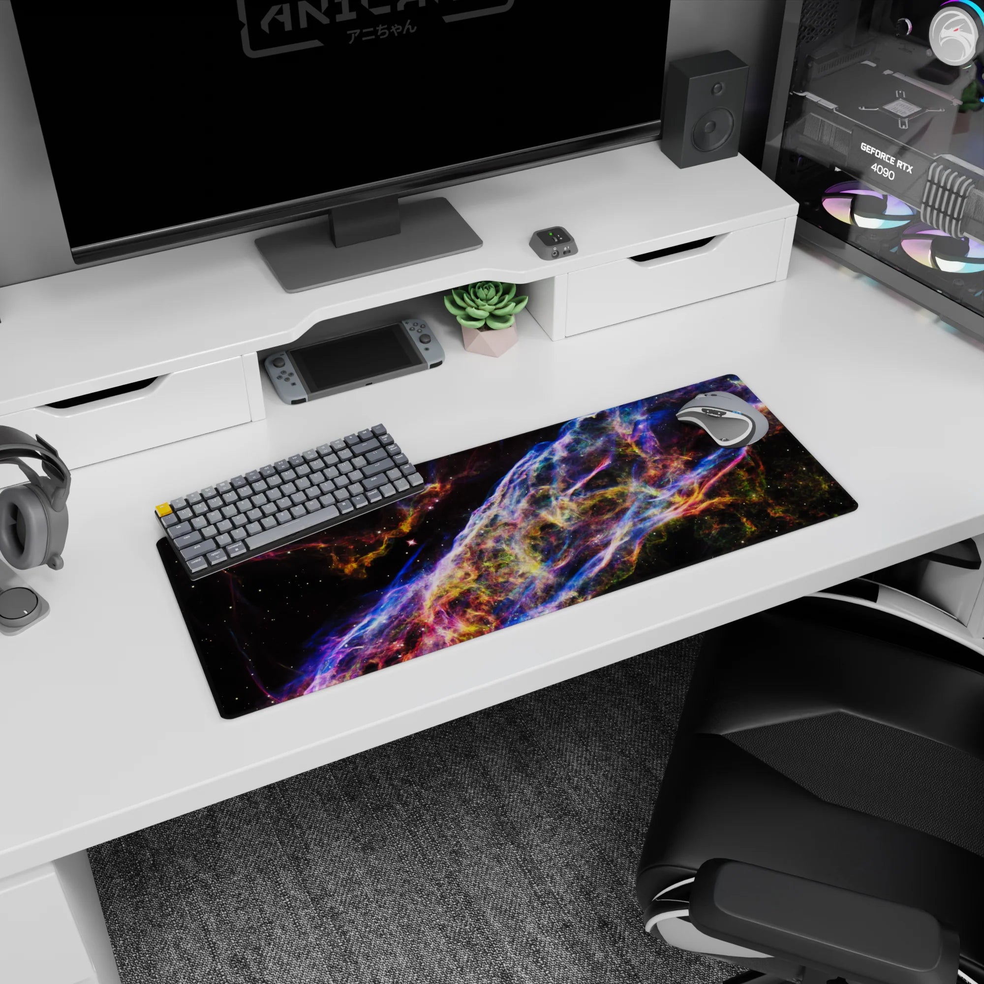 Starry deep-space scene with a swirling neon ribbon across the surface, 32x12 inches mouse pad.
