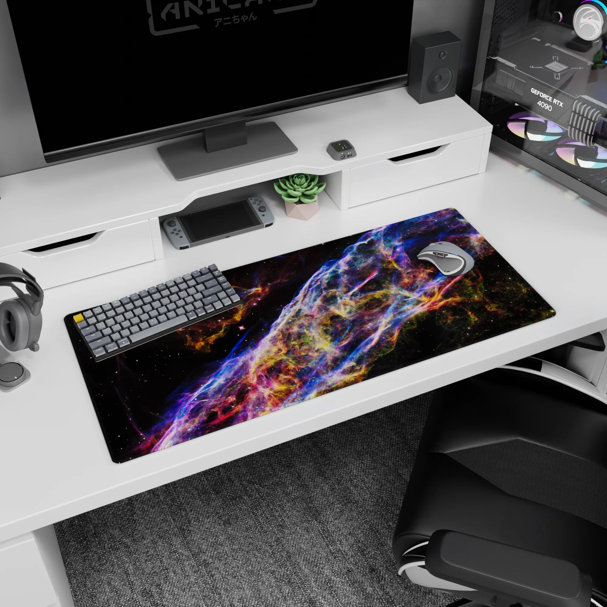 Deep space scene desk pad 36x16 inches featuring a glittery cosmic ribbon dancing across a starry void.