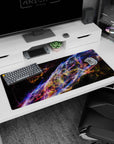 Deep space scene desk pad 36x16 inches featuring a glittery cosmic ribbon dancing across a starry void.