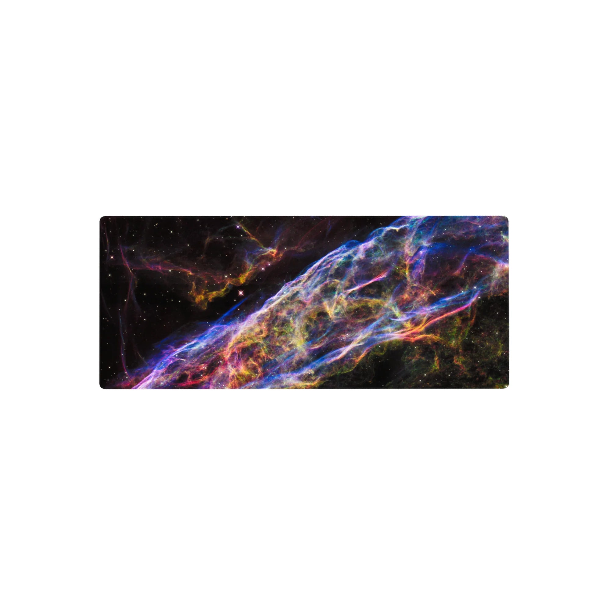 Cosmic ribbon galaxy desk mouse pad 28x12 inches with swirling neon streaks on deep space backdrop.