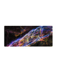 Cosmic ribbon galaxy desk mouse pad 28x12 inches with swirling neon streaks on deep space backdrop.