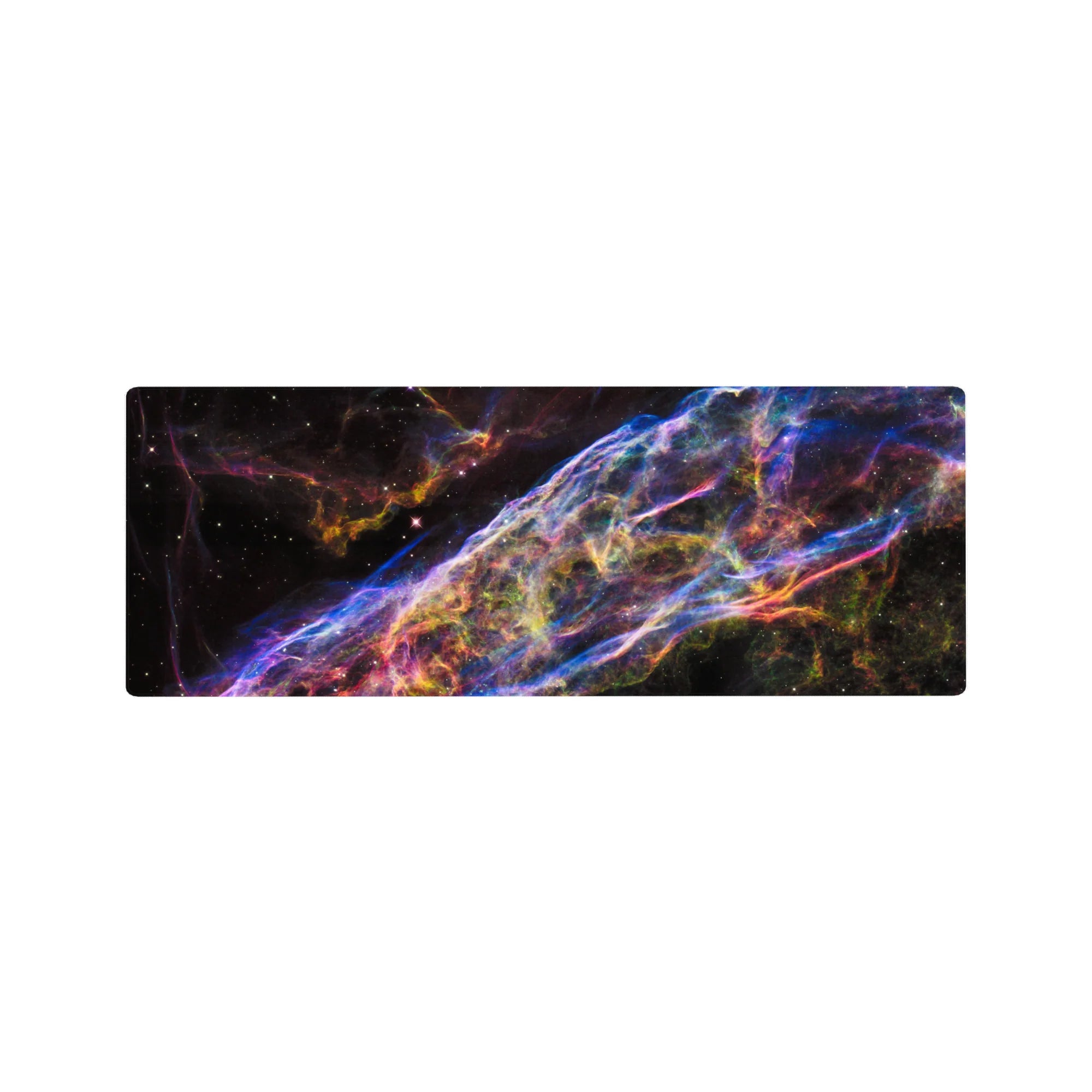 Cosmic ribbon galaxy desk mouse pad, 32x12 inches, deep space backdrop with star-specks.