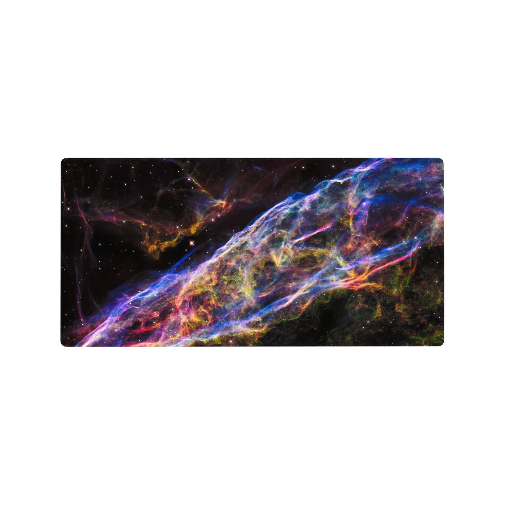 Cosmic ribbon galaxy desk mouse pad 32x16 inches with neon swirls and star-speckled space backdrop.