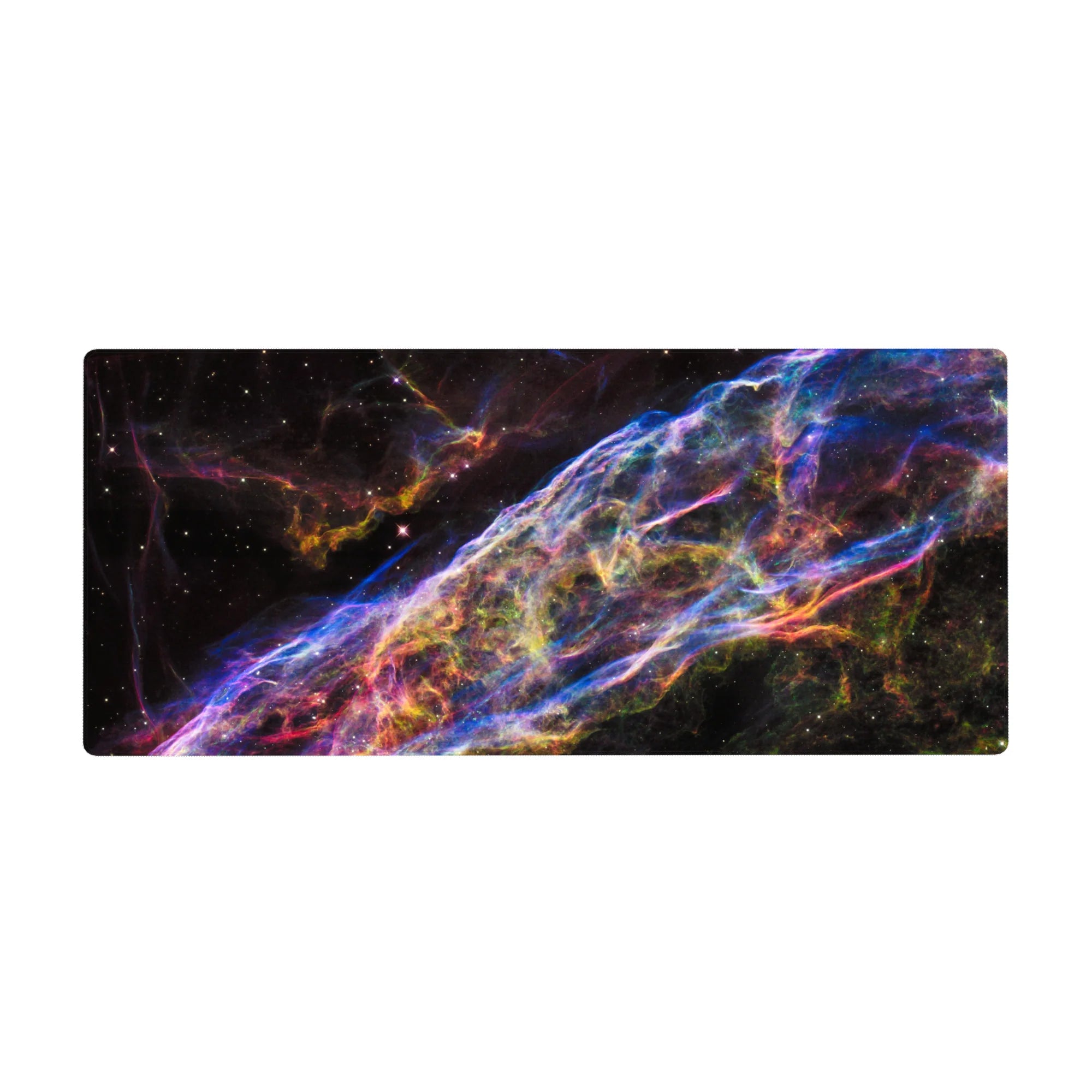Cosmic ribbon galaxy desk pad 36x16 inches with swirling neon trails and star-speckled space backdrop.