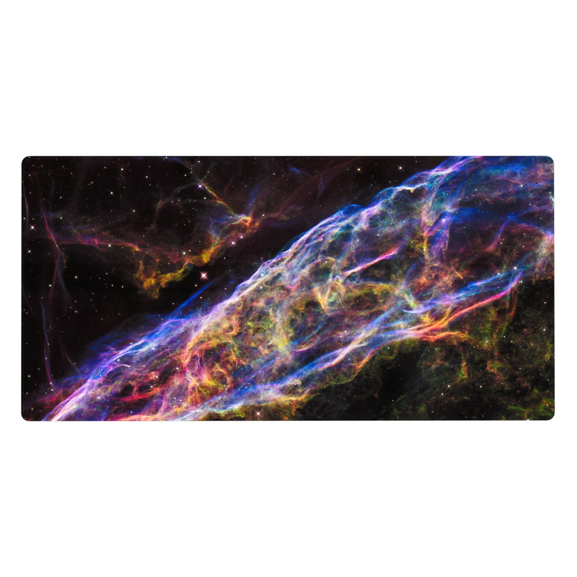 Cosmic ribbon galaxy desk pad with star-speckled deep space backdrop, 40x20 inches.