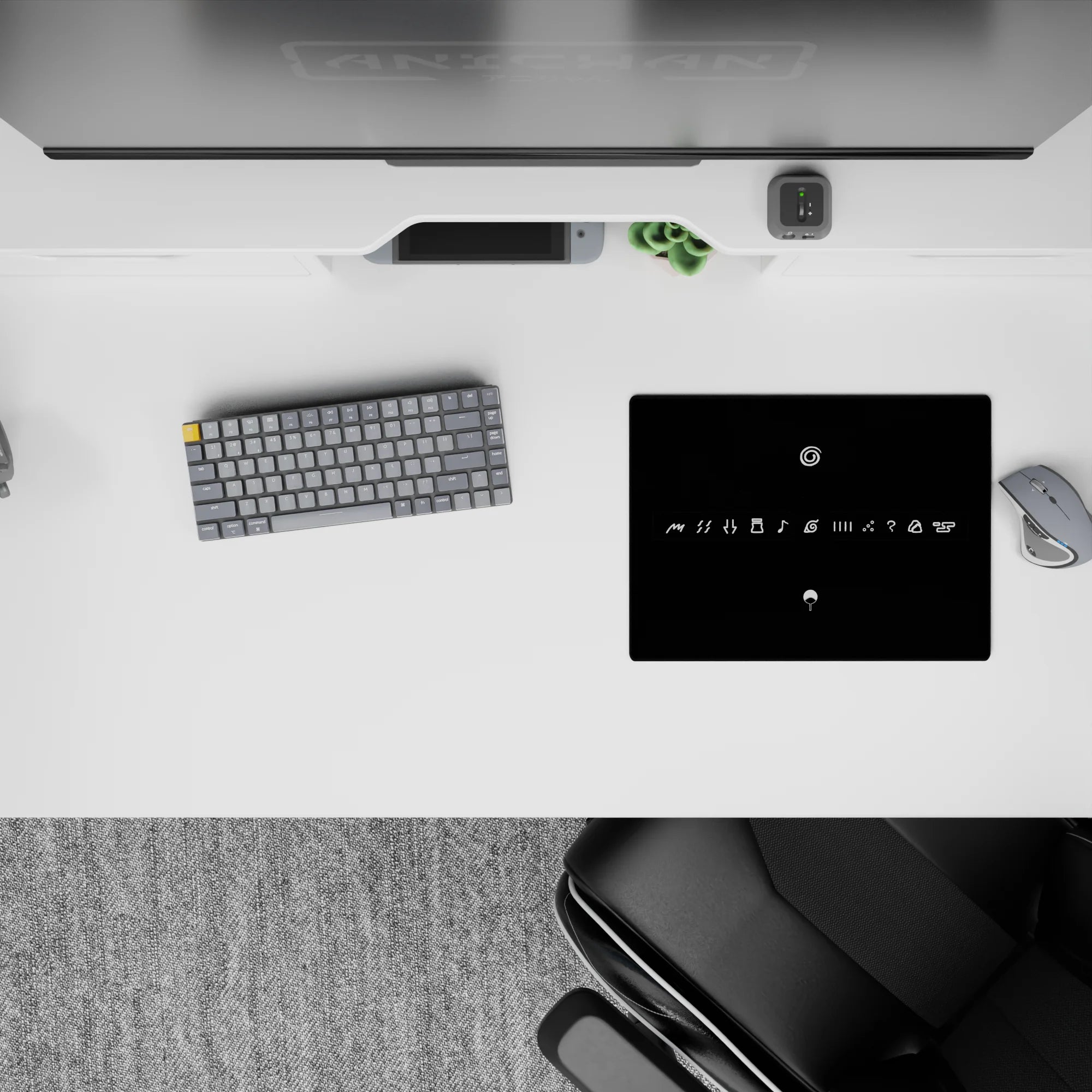 Matte black anime mouse pad with bright white line art, sleek minimalist ninja vibe, 14x10 inches.