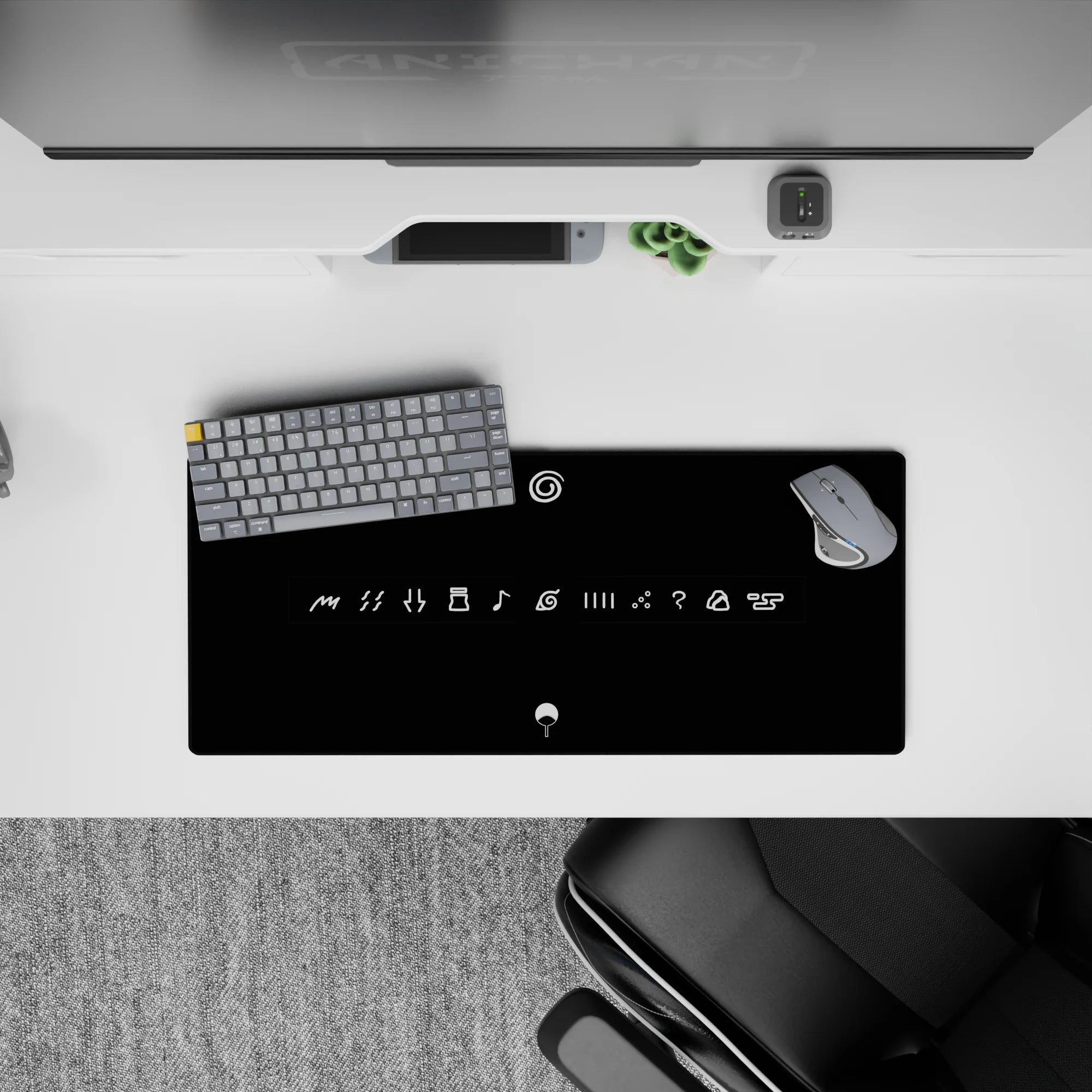Matte black Naruto anime mouse pad with bright white linework, minimalist stealth vibe, 28x12 inches.