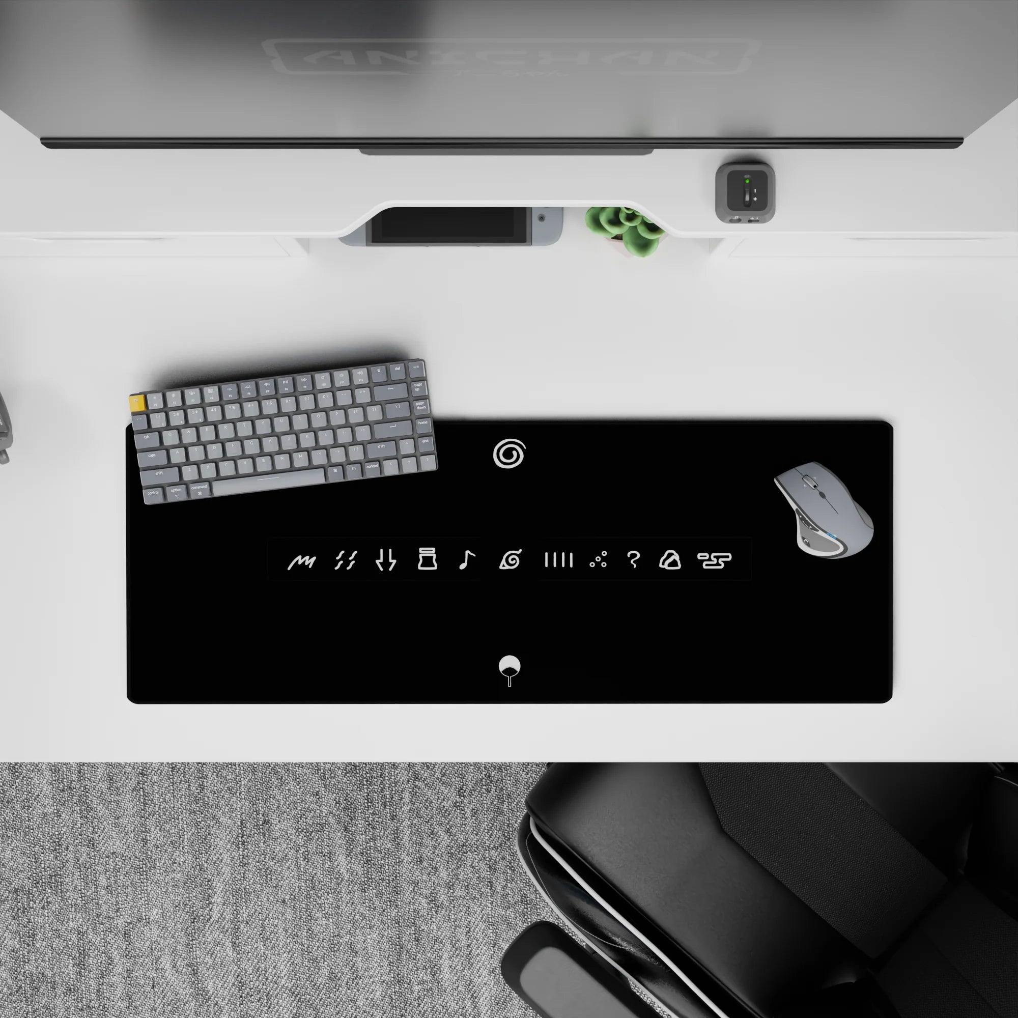 Matte black minimalist anime mouse pad with crisp white linework, dark stealth vibe, 32x12 inches.