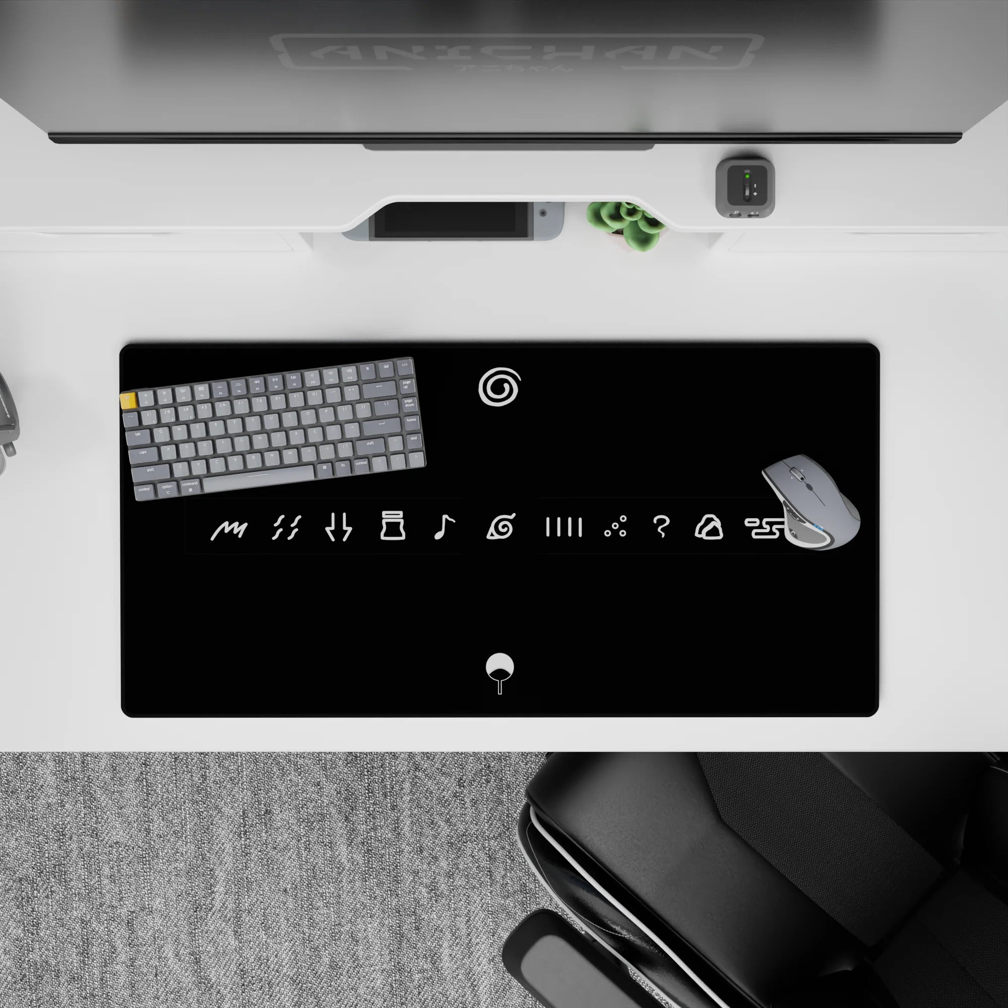 Matte black minimalist anime mouse pad with bright white line art, stealthy vibe, 32x16 inches.