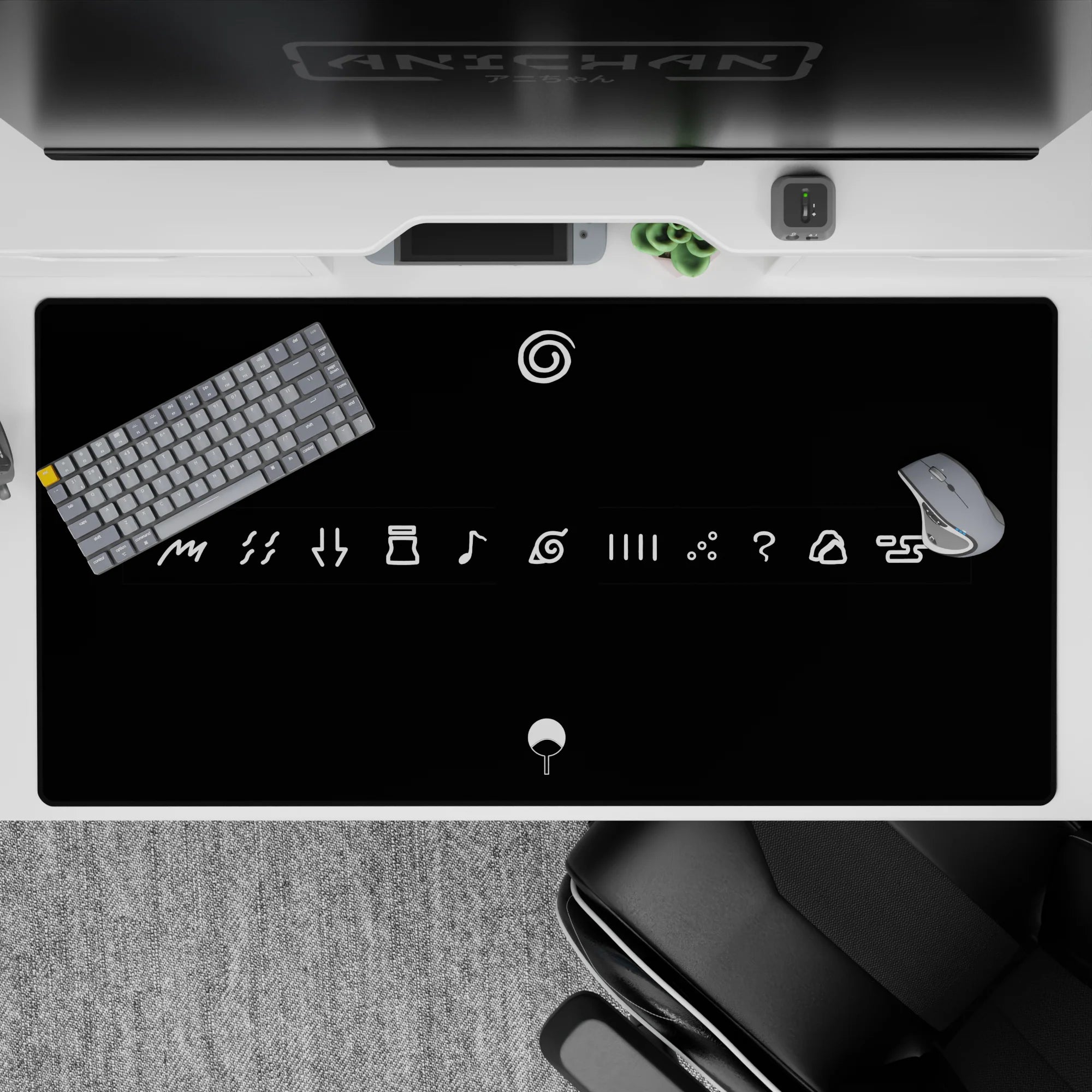 Matte black 40x20 inches anime desk pad with bright white line art, clean minimalist ninja mood.