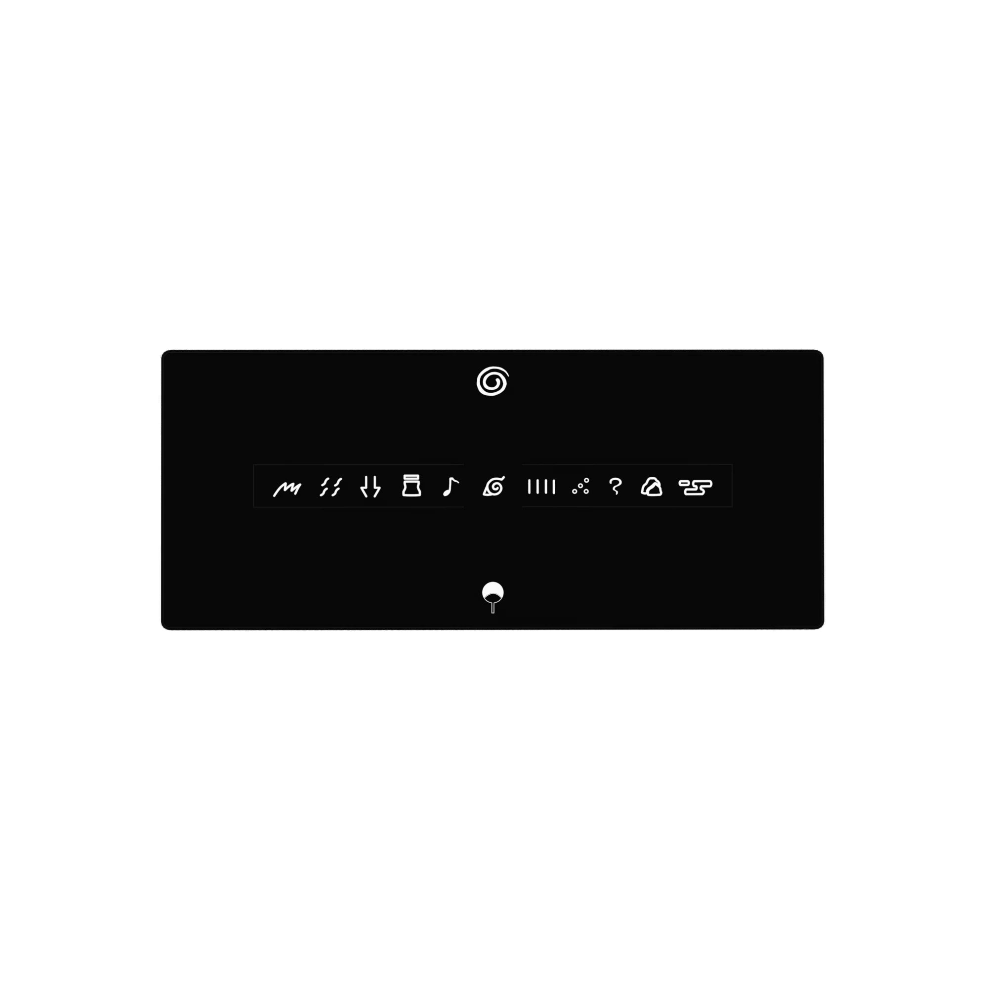 Naruto Hidden Leaf swirl with ninja symbols and Uchiha fan design anime mouse pad, 28x12 inches.