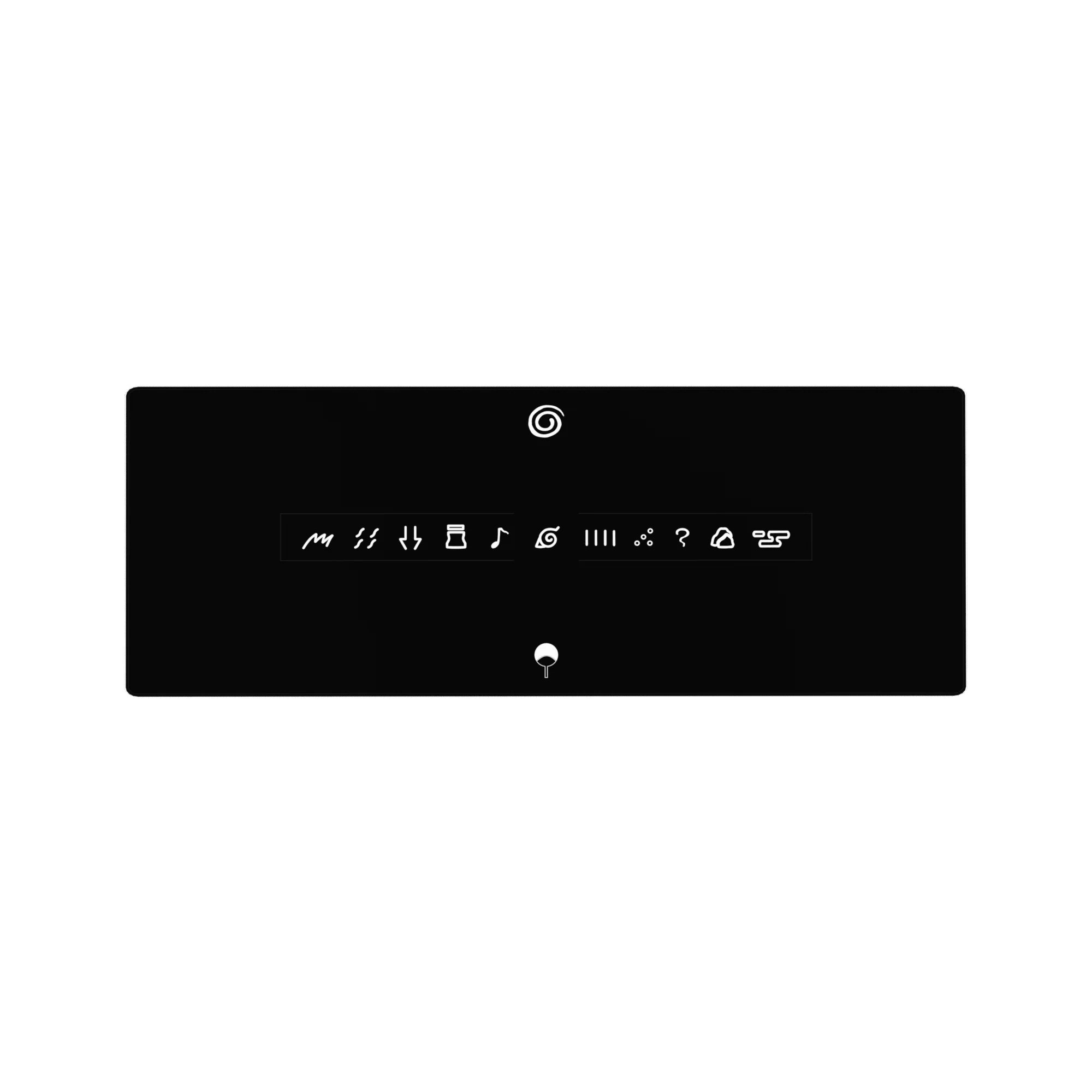 Naruto Hidden Leaf swirl with ninja symbols and Uchiha fan anime mouse pad, 32x12 inches.