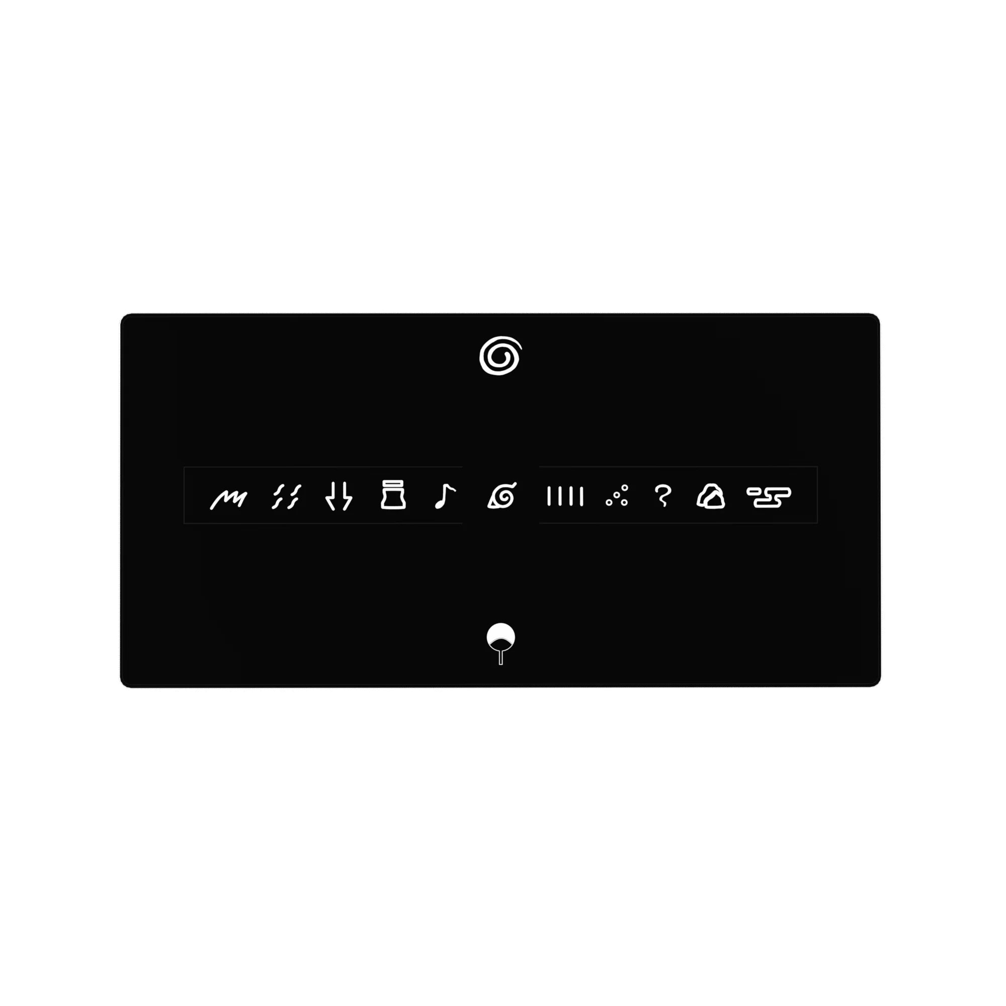 Naruto Hidden Leaf swirl with ninja symbols and Uchiha fan anime mouse pad, 32x16 inches.