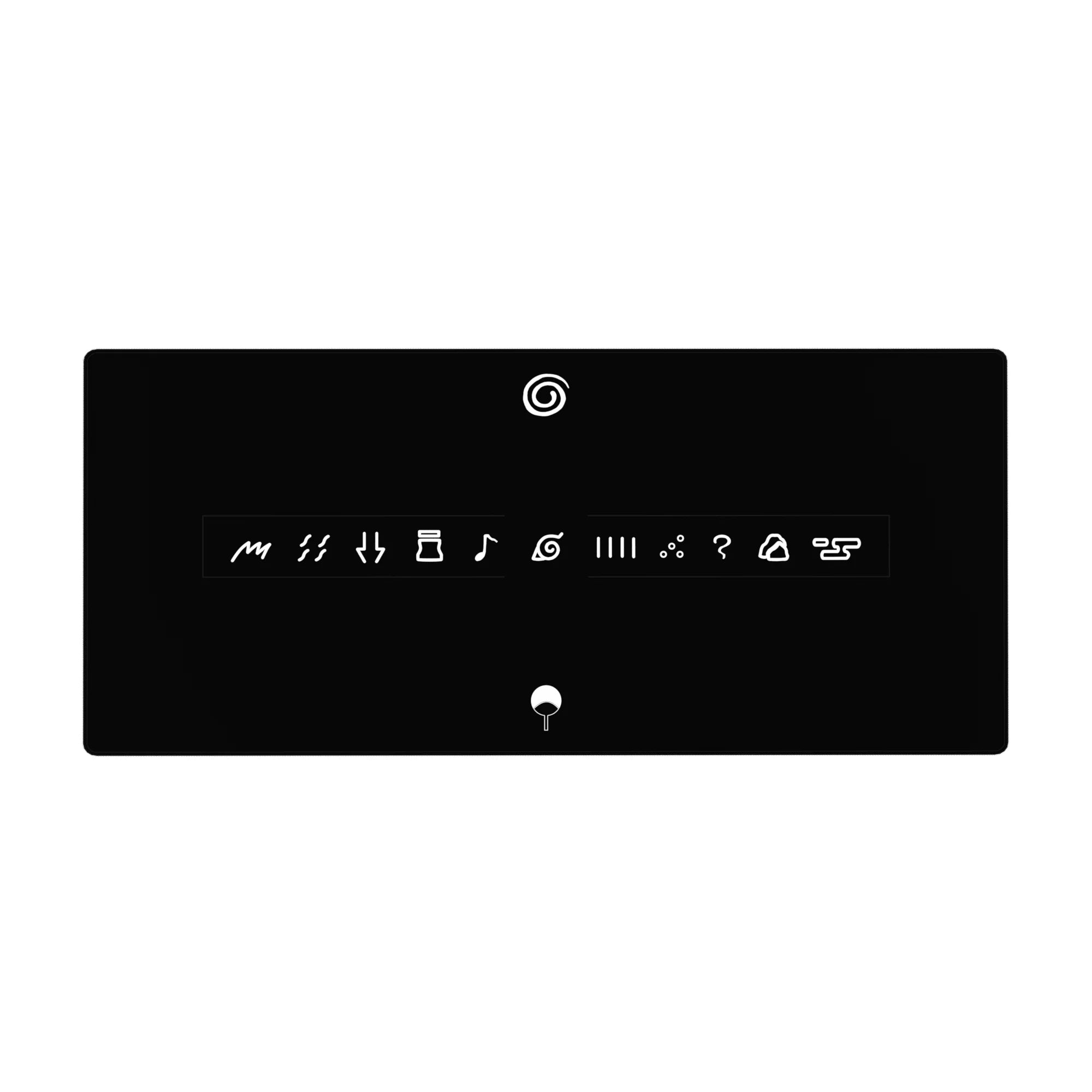 Naruto Hidden Leaf swirl and ninja symbol row with Uchiha fan anime desk pad, 36x16 inches.