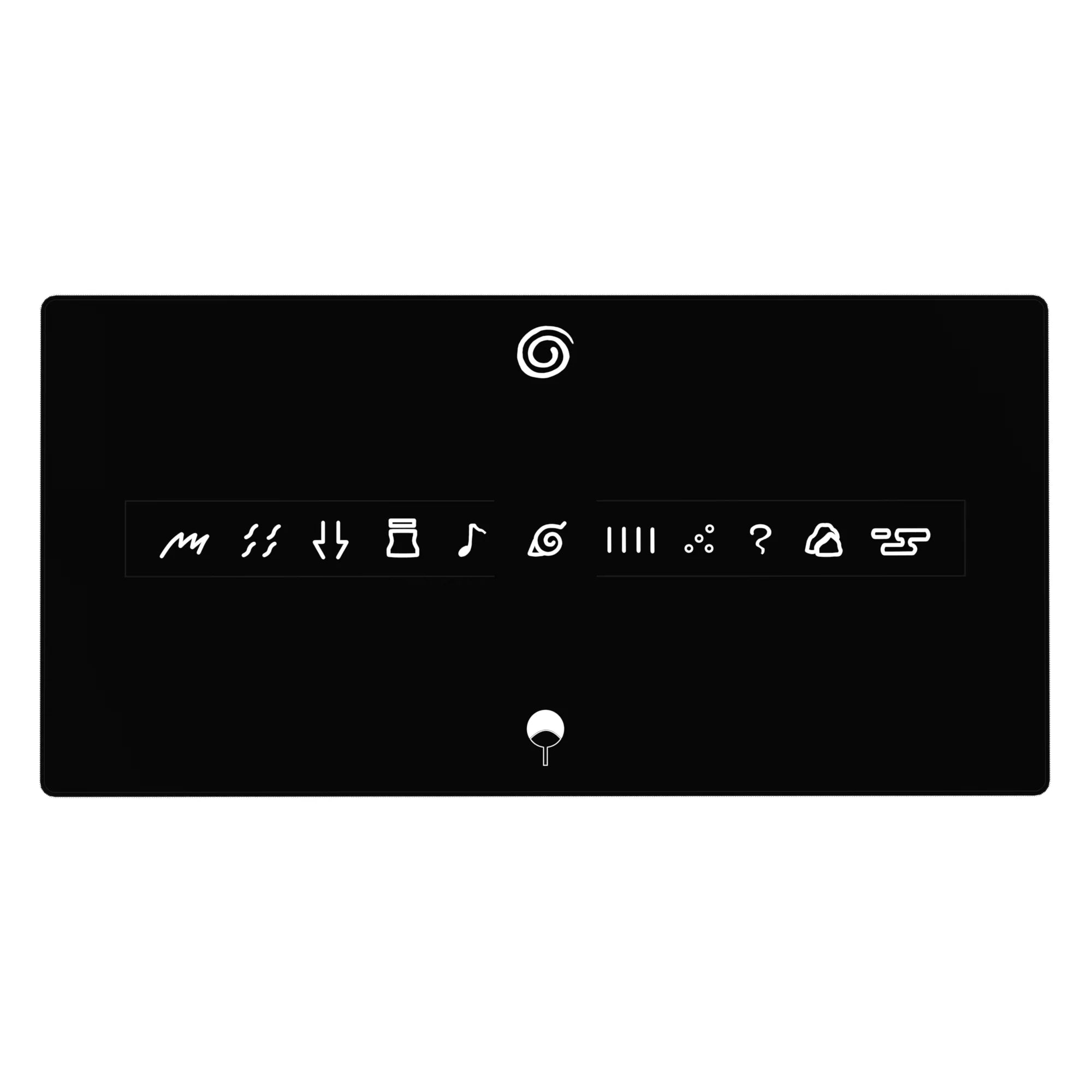 Naruto anime desk pad 40x20 inches with Hidden Leaf swirl, ninja symbols row, and Uchiha fan icon.