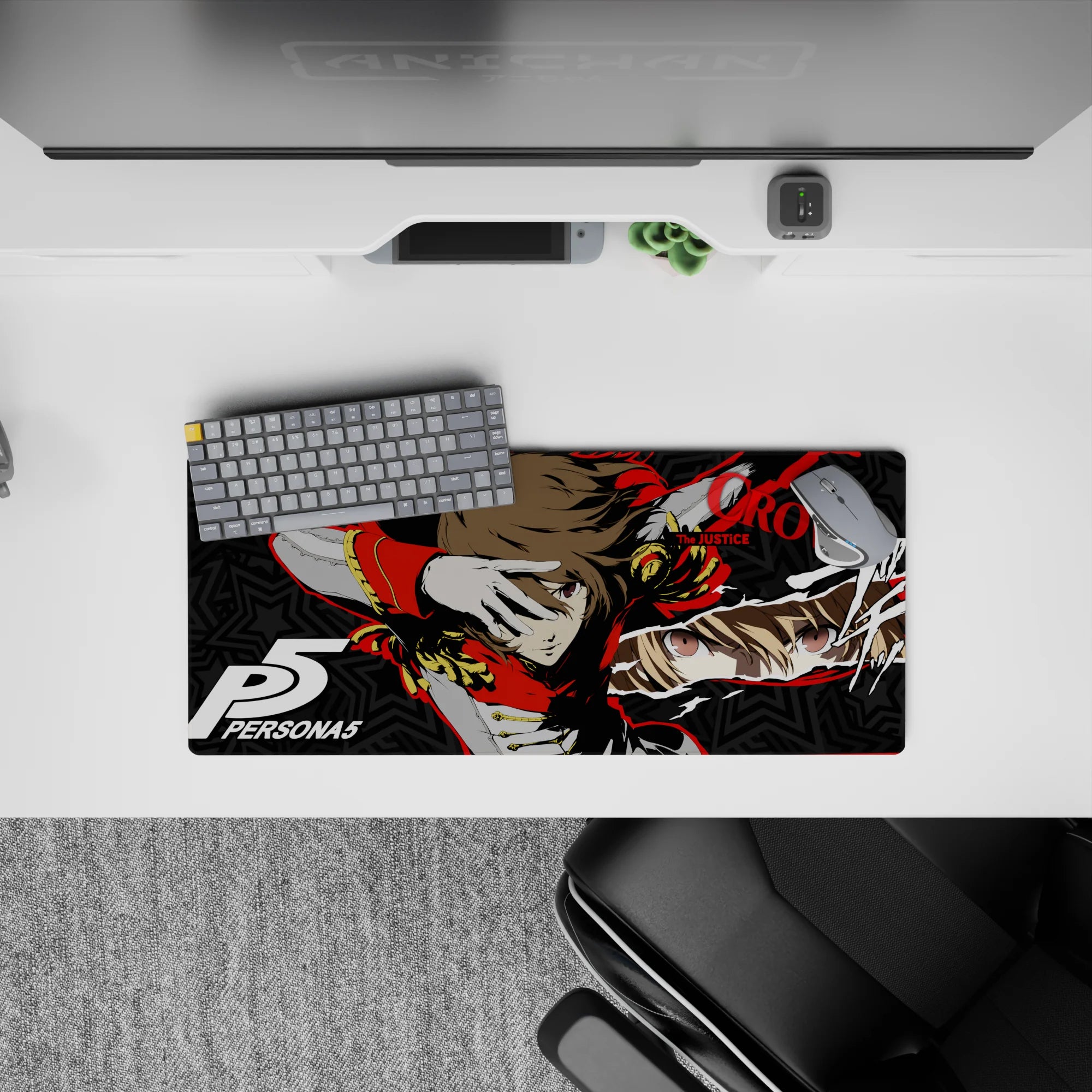 Anime mouse pad featuring Goro Akechi in Crow form from Persona 5, size 28x12 inches, with red and gold accents.