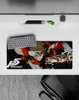 Anime mouse pad featuring Goro Akechi in Crow form from Persona 5, size 28x12 inches, with red and gold accents.