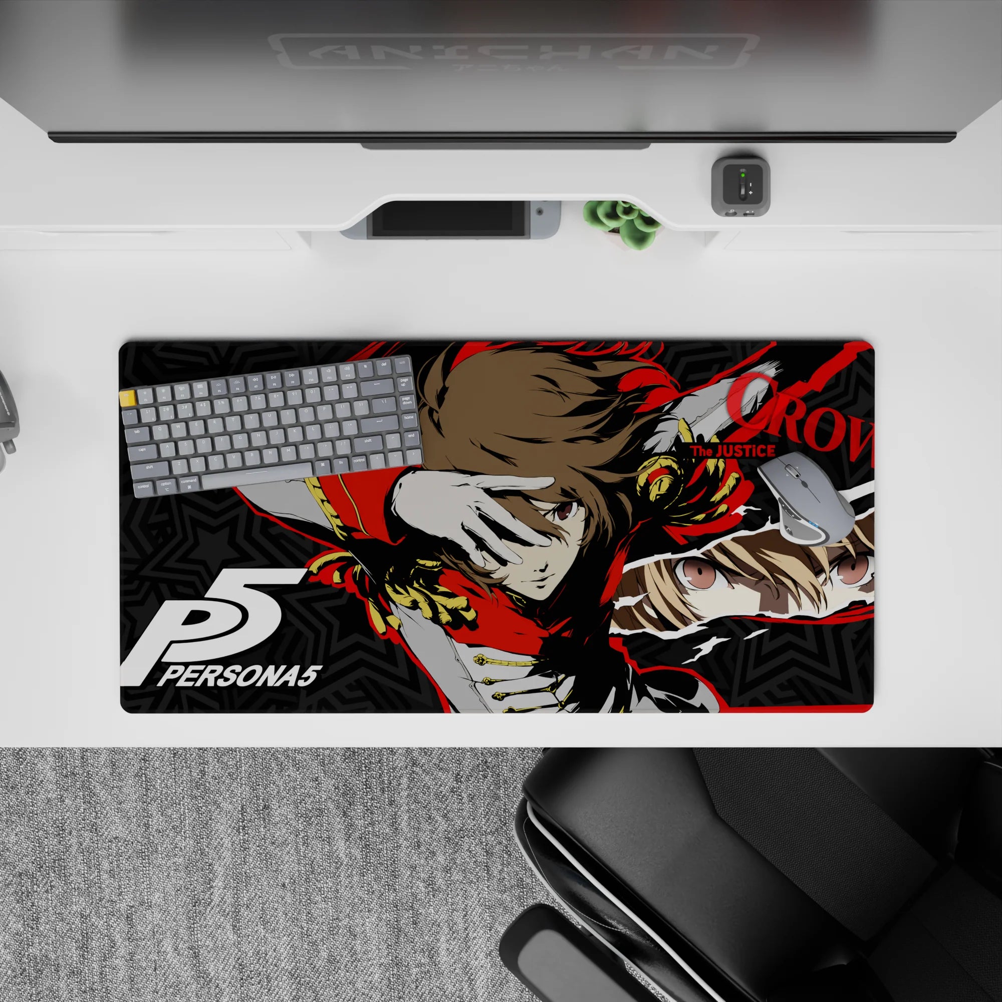 Anime mouse pad 32x16 inches featuring Goro Akechi in Crow form from Persona 5, with red and gold hues and star patterns.