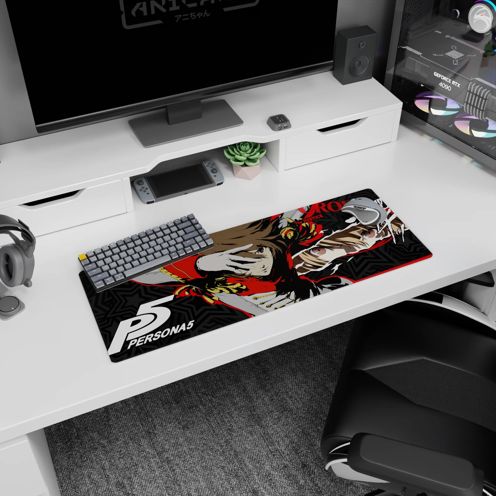 Mouse pad featuring Goro Akechi as Crow from Persona 5, with red and gold design, size 32x12 inches.