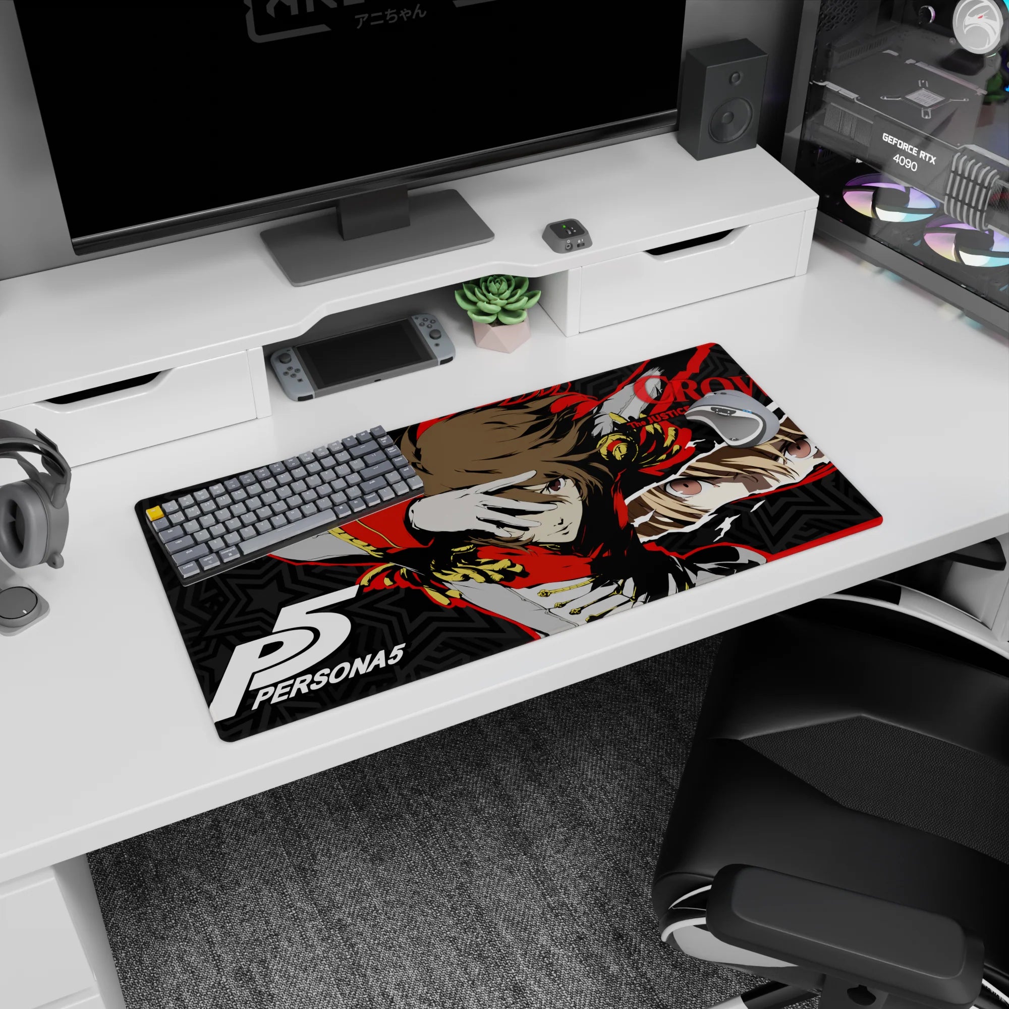 Anime mouse pad 32x16 inches featuring Goro Akechi as Crow from Persona 5, with red and gold accents and star patterns.