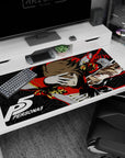 Goro Akechi Crow form desk pad from Persona 5, 40x20 inches. Features red and gold design with star-patterned shadows.
