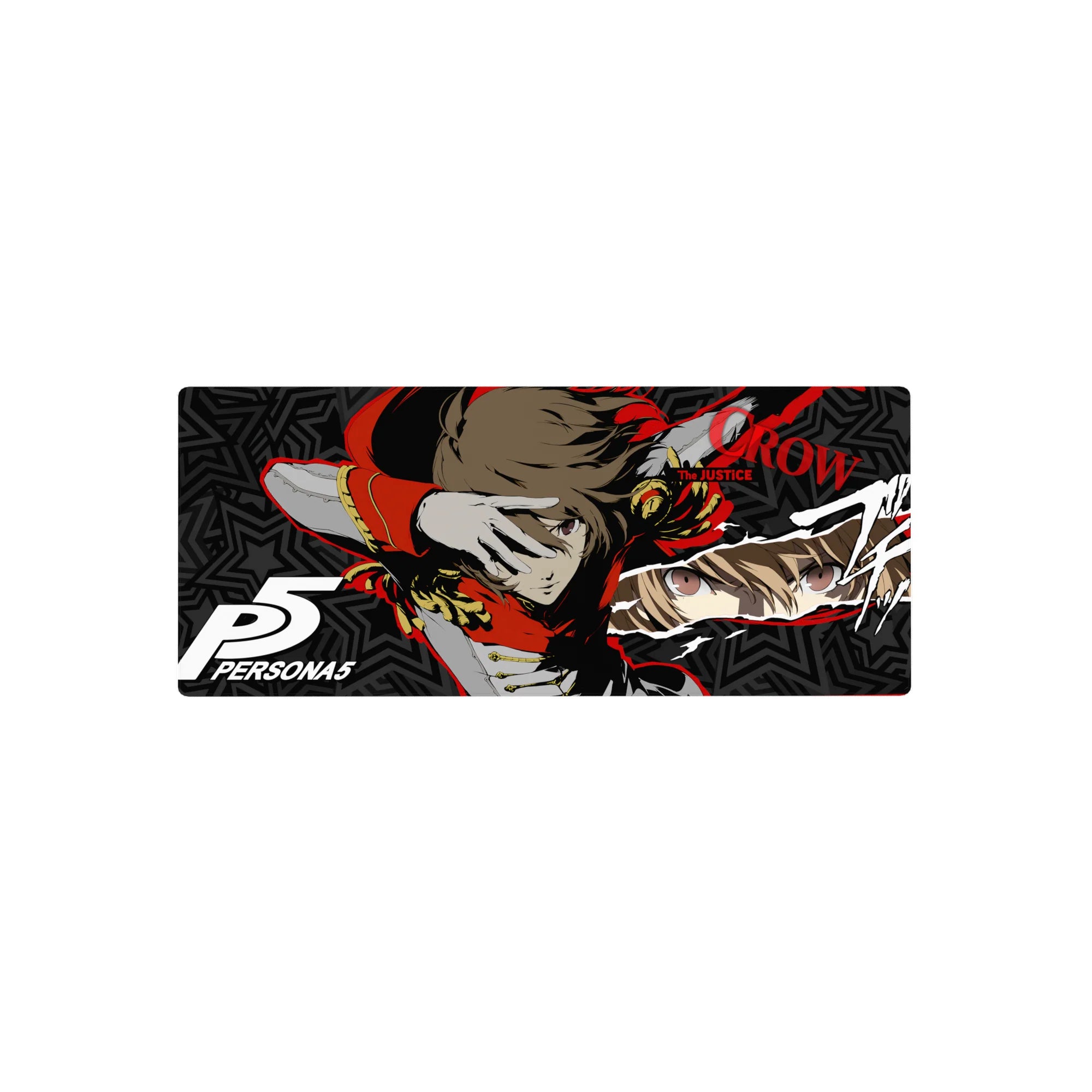 Anime mouse pad featuring Goro Akechi as Crow from Persona 5, 28x12 inches. Military red and gold design with star patterns.