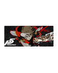 Anime mouse pad featuring Goro Akechi as Crow from Persona 5, 28x12 inches. Military red and gold design with star patterns.
