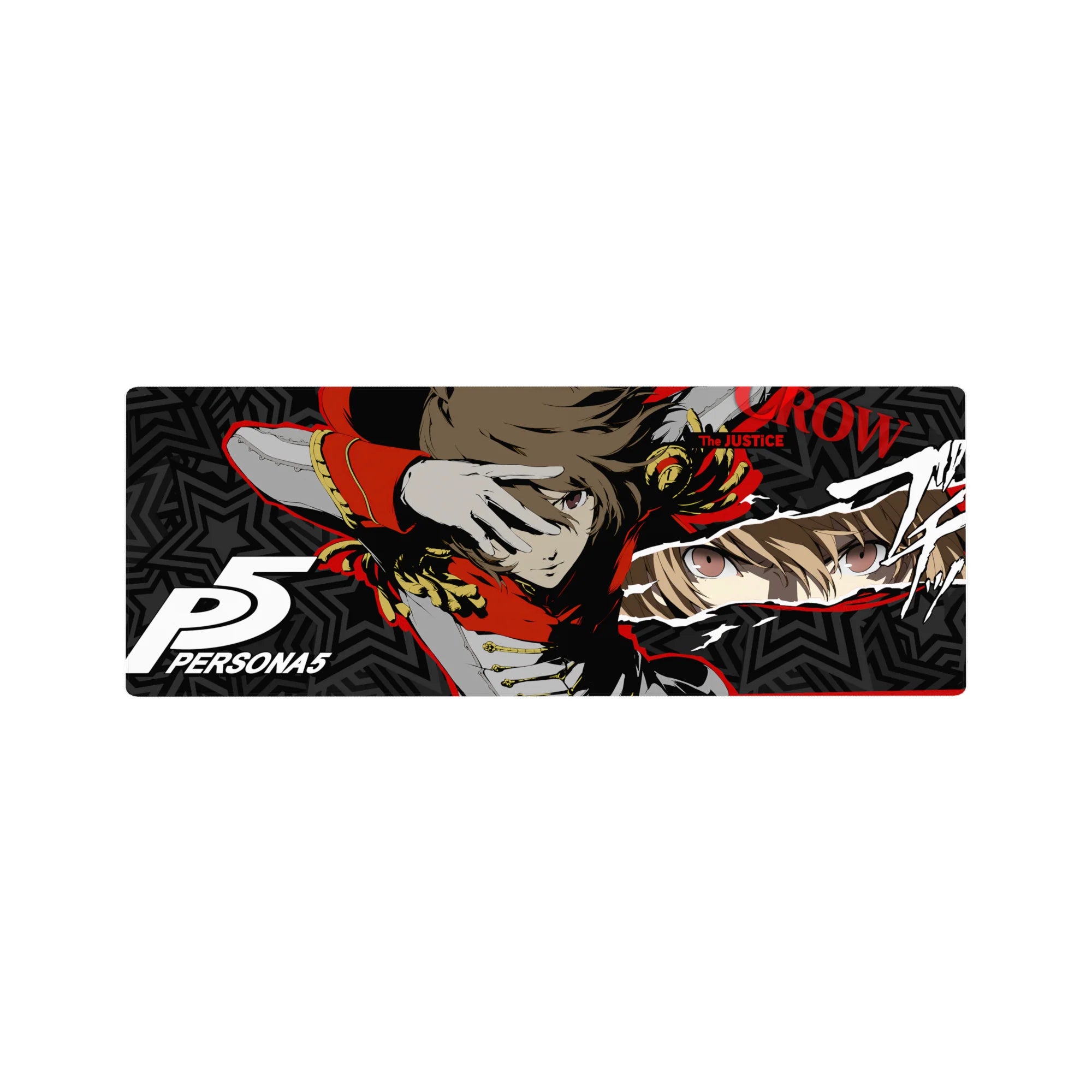 Anime mouse pad 32x12 inches featuring Goro Akechi as Crow from Persona 5, with red and gold accents, star-patterned background.