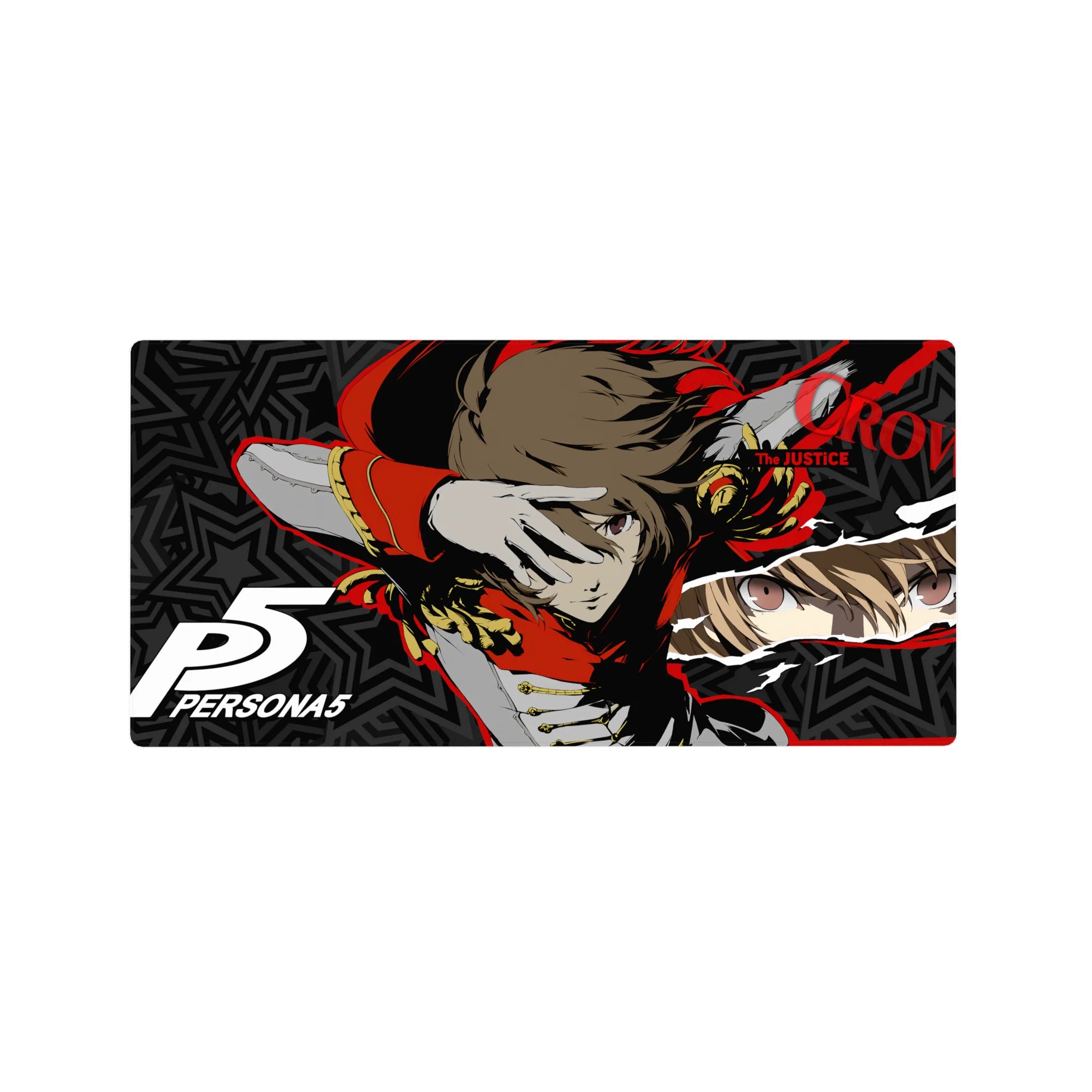 Goro Akechi Crow form Persona 5 anime mouse pad 32x16 inches, red and gold design with star-patterned shadows and torn panels.