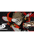 Anime mouse pad 40x20 inches featuring Goro Akechi in Crow form from Persona 5, red and gold theme, star-patterned background.