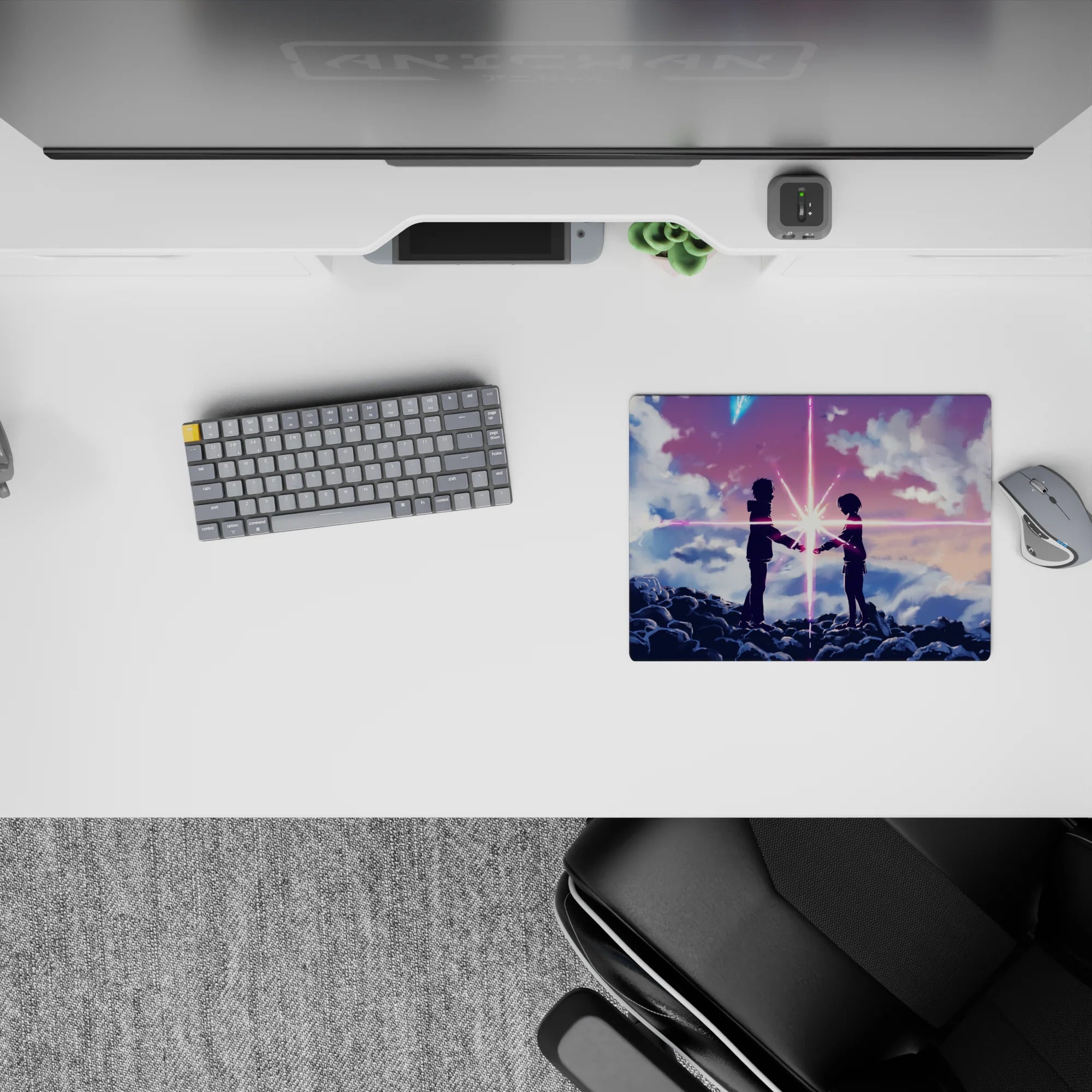 Dreamy pink-violet beams and cool blue streaks on a 14x10 inches anime mouse pad, calm cosmic romance.