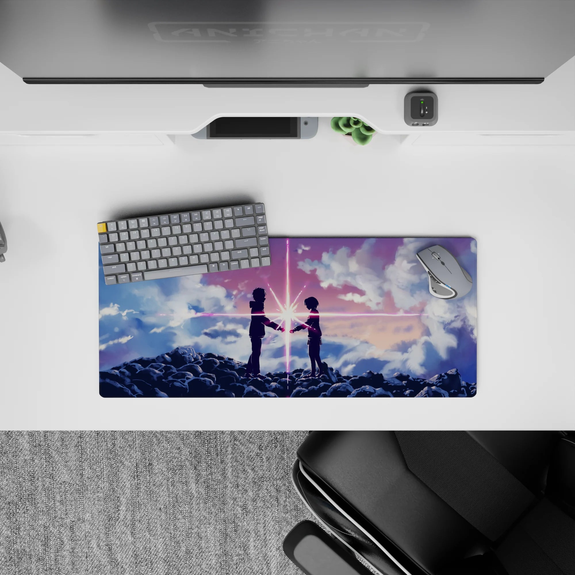 28x12 inches anime mouse pad in pink-violet beams and cool blue streaks, dreamy cosmic romance mood.