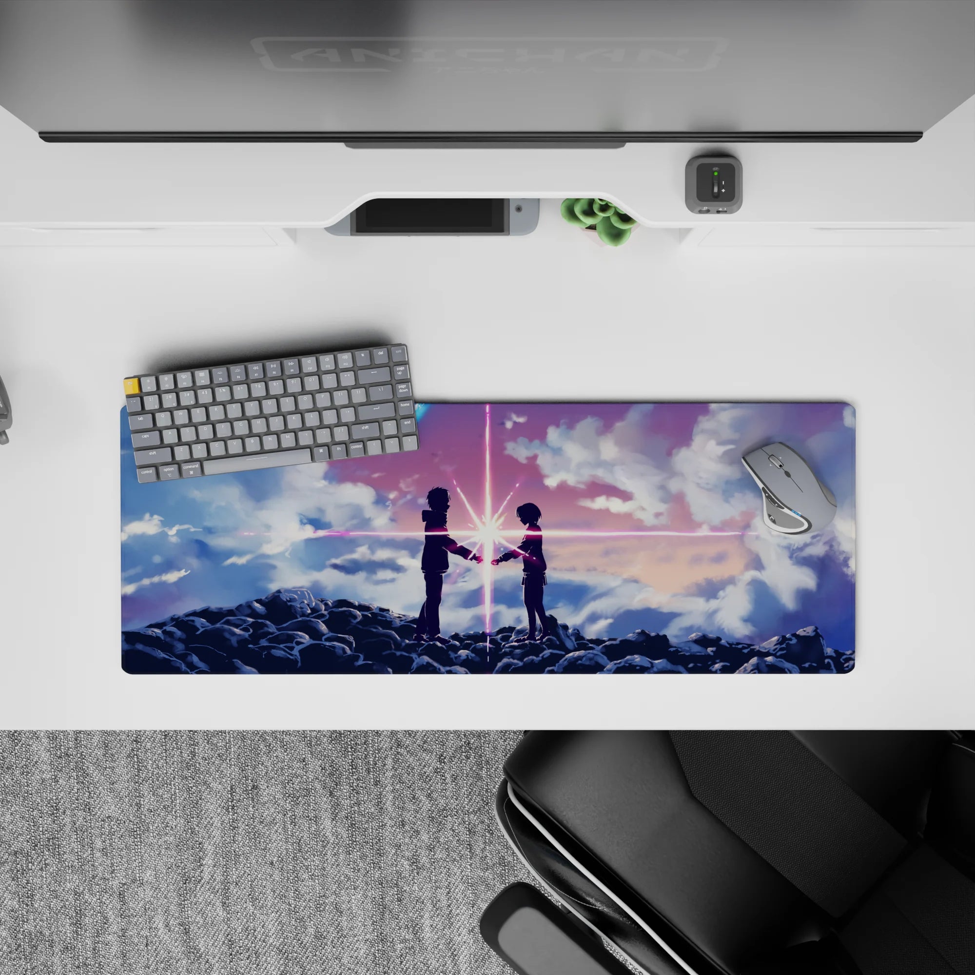 32x12 inches anime mouse pad in dreamy pink, violet, and blue beams with a calm, cosmic romance vibe.