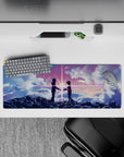 32x12 inches anime mouse pad in dreamy pink, violet, and blue beams with a calm, cosmic romance vibe.