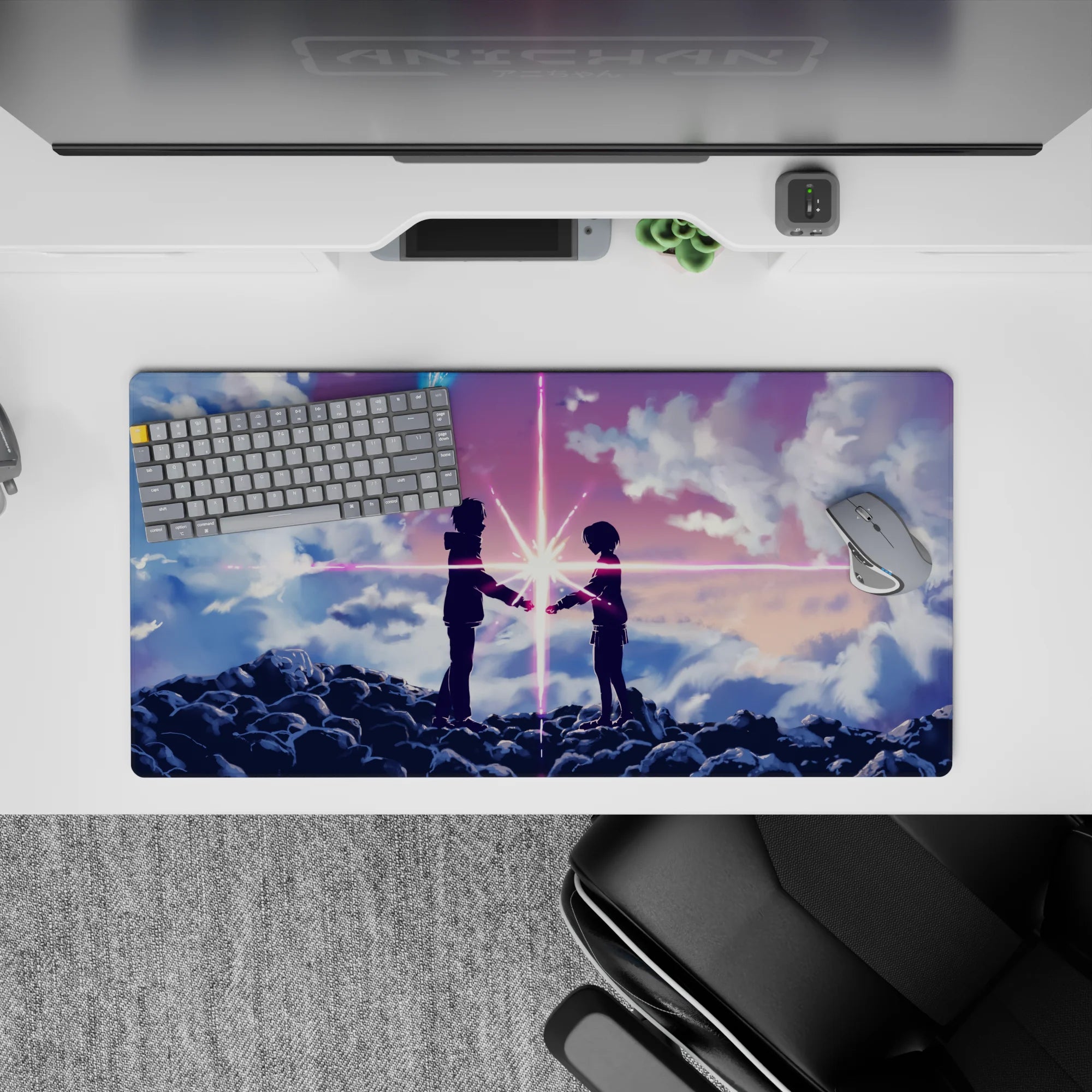 32x16 inches anime mouse pad in pink, violet, and cool blue beams, dreamy cosmic romance mood.