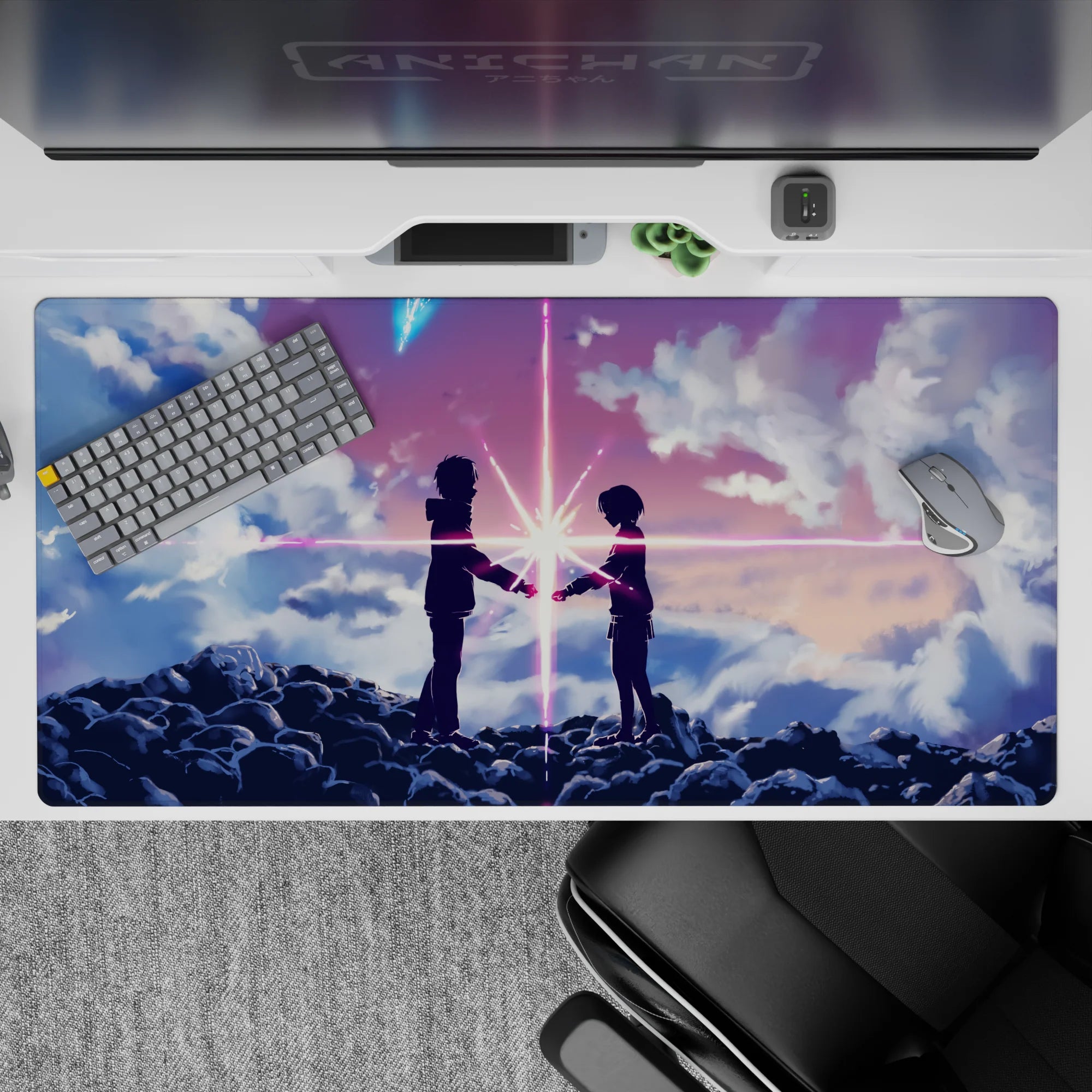 40x20 inches anime desk pad in pink, violet, and cool blue streaks, dreamy cosmic romance mood.