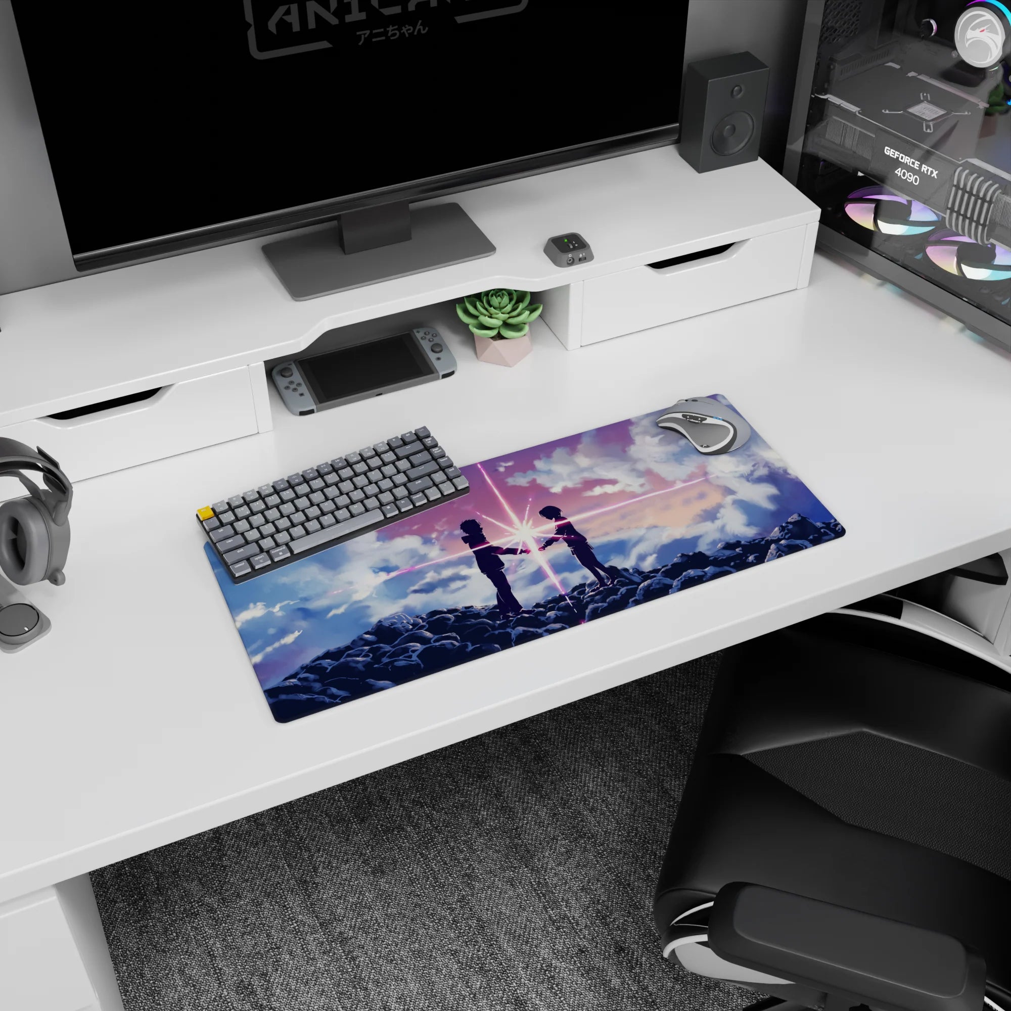 28x12 inches anime mouse pad showing hooded teens facing on cloud ridge, hands near a radiant starburst.
