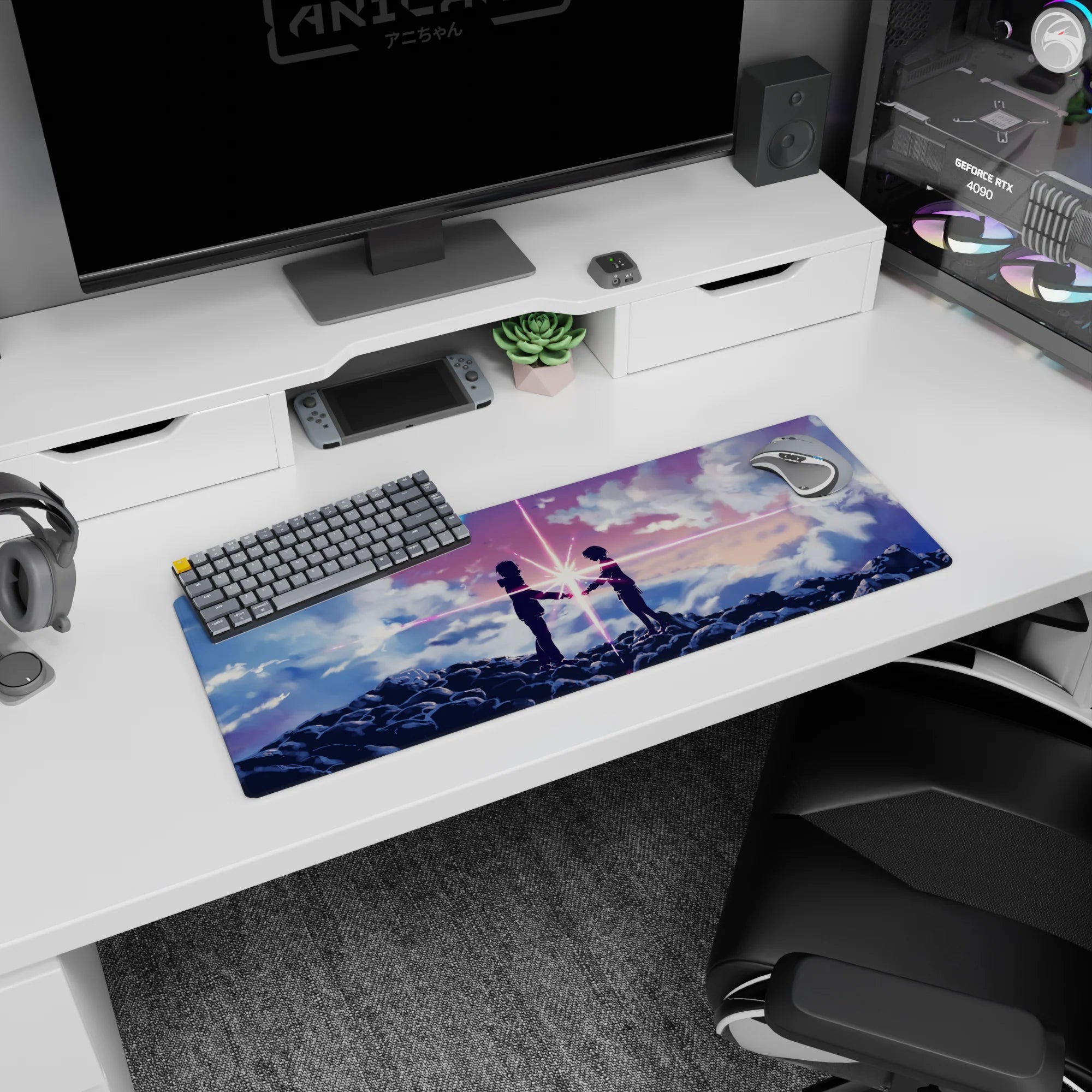 32x12 inches anime mouse pad showing two hooded teens reaching hands as a bright compass-like burst snaps between them.