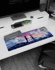32x12 inches anime mouse pad showing two hooded teens reaching hands as a bright compass-like burst snaps between them.