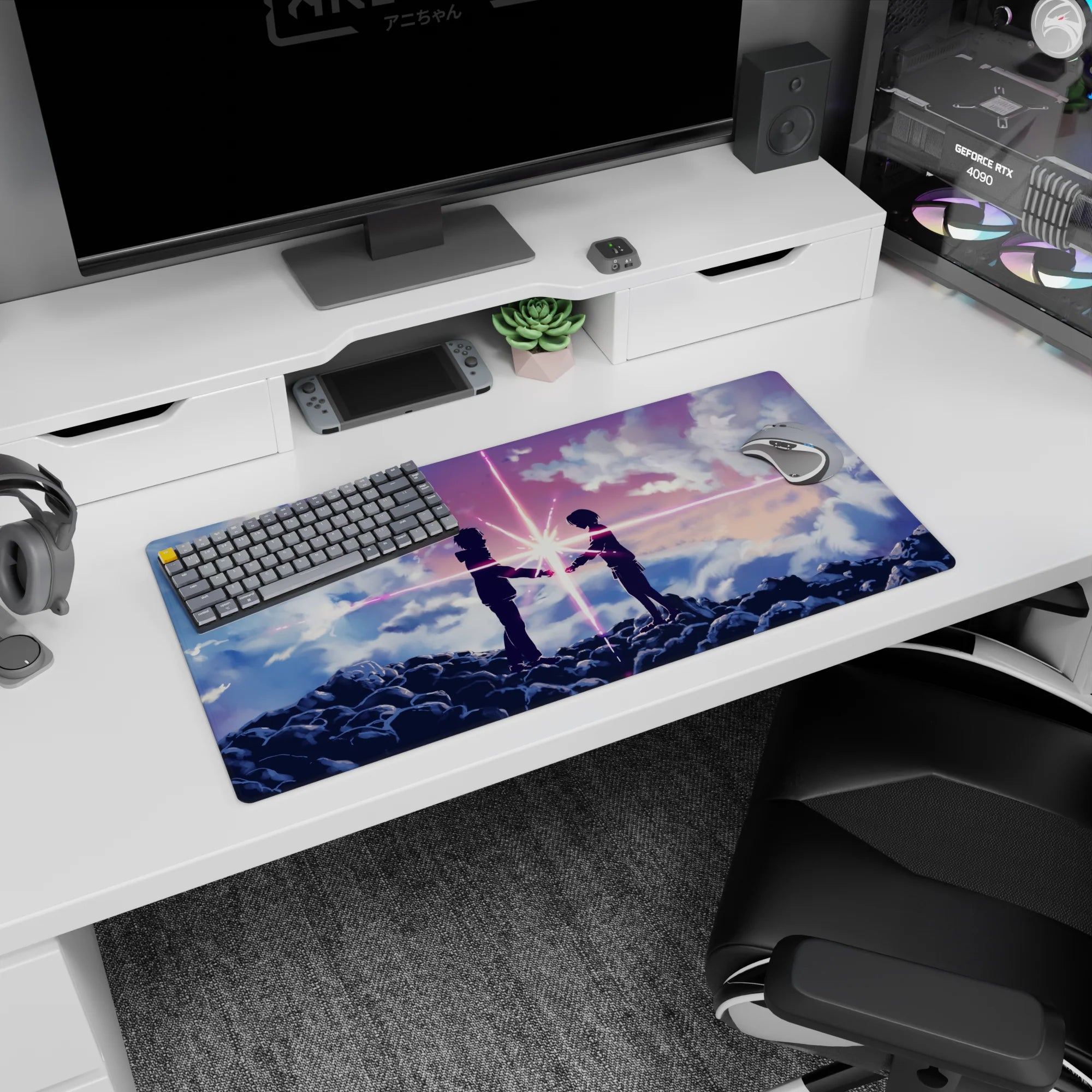 32x16 inches anime mouse pad showing hooded teens face to face on cloud ridge, radiant light snap.