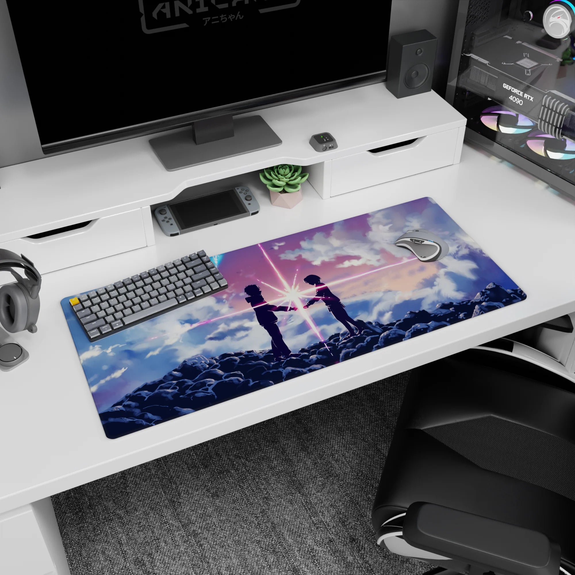 Anime desk pad 36x16 inches showing hooded teens reaching hands on a cloud ridge, light snapping between.