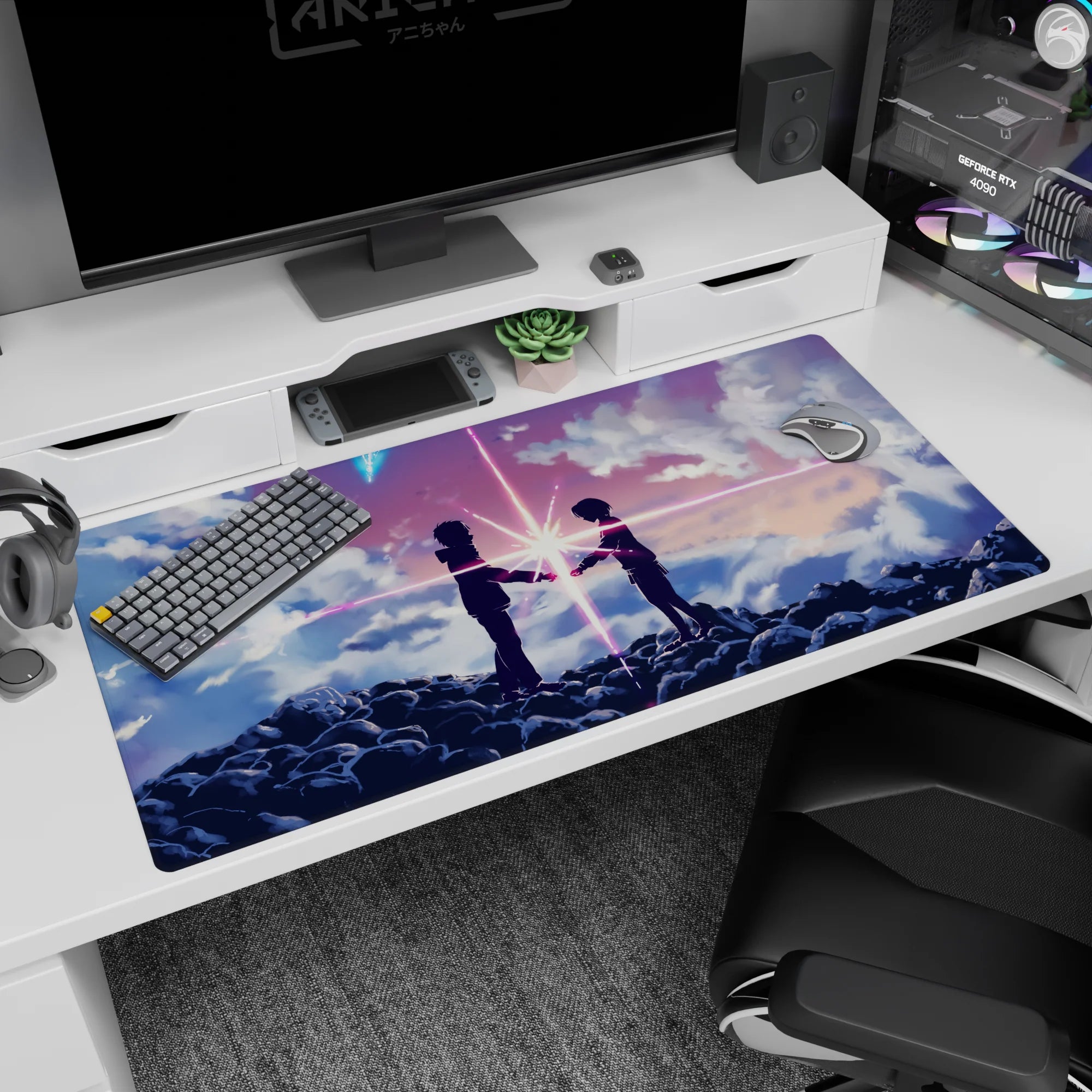 40x20 inches anime desk pad of hooded teens facing on a cloud ridge, reaching as light snaps between.