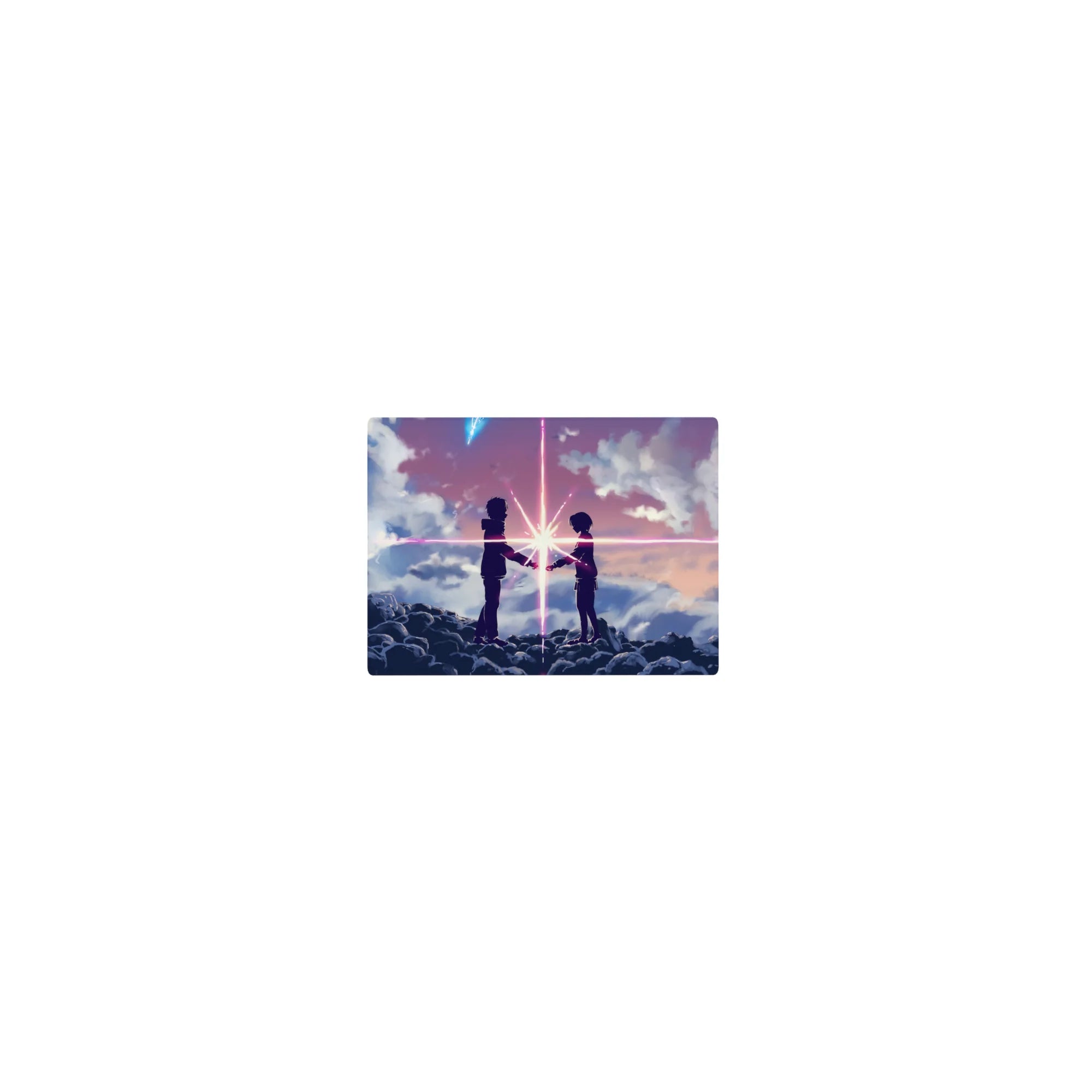 Classic anime mouse pad 14x10 inches with two teens on dark clouds and a radiant starburst between hands.