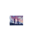 Classic anime mouse pad 14x10 inches with two teens on dark clouds and a radiant starburst between hands.