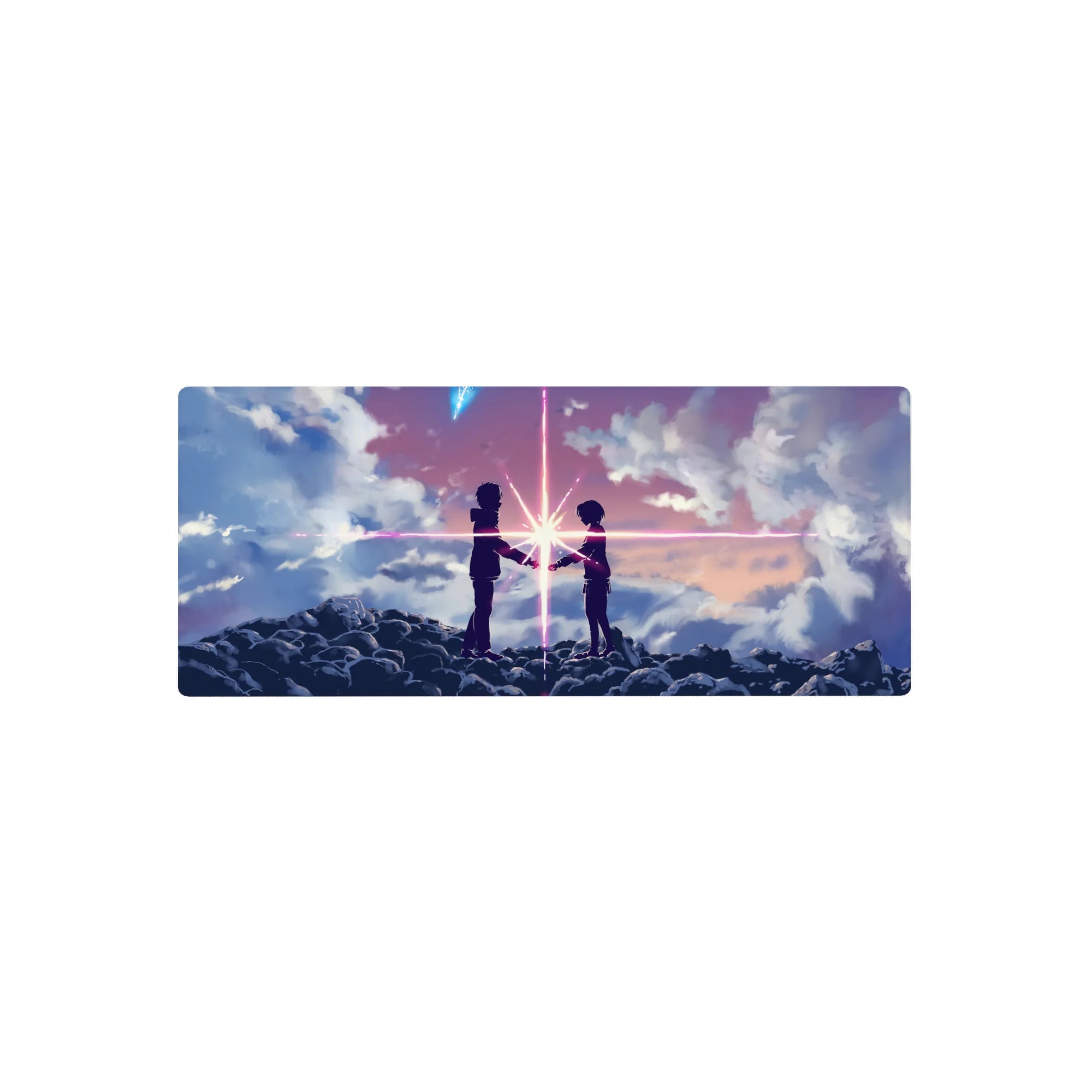 28x12 inches anime mouse pad with two silhouetted teens reaching on ink-dark clouds and starburst light.
