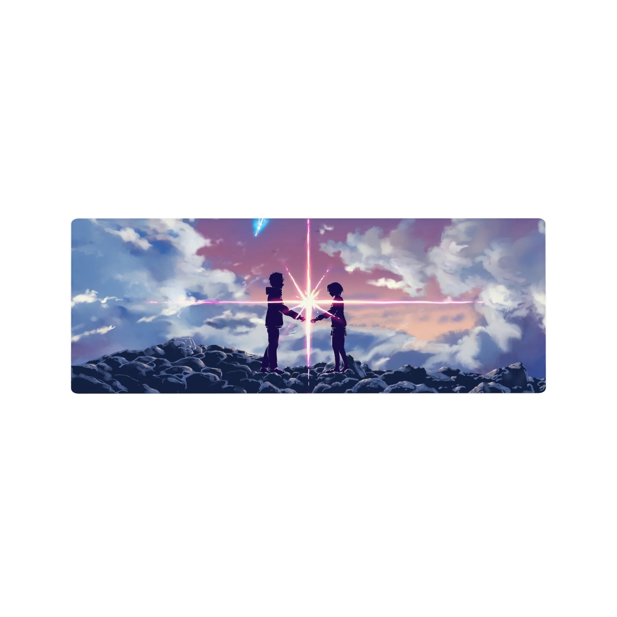 32x12 inches anime mouse pad with silhouetted teens on ink-dark clouds and a radiant starburst between them.
