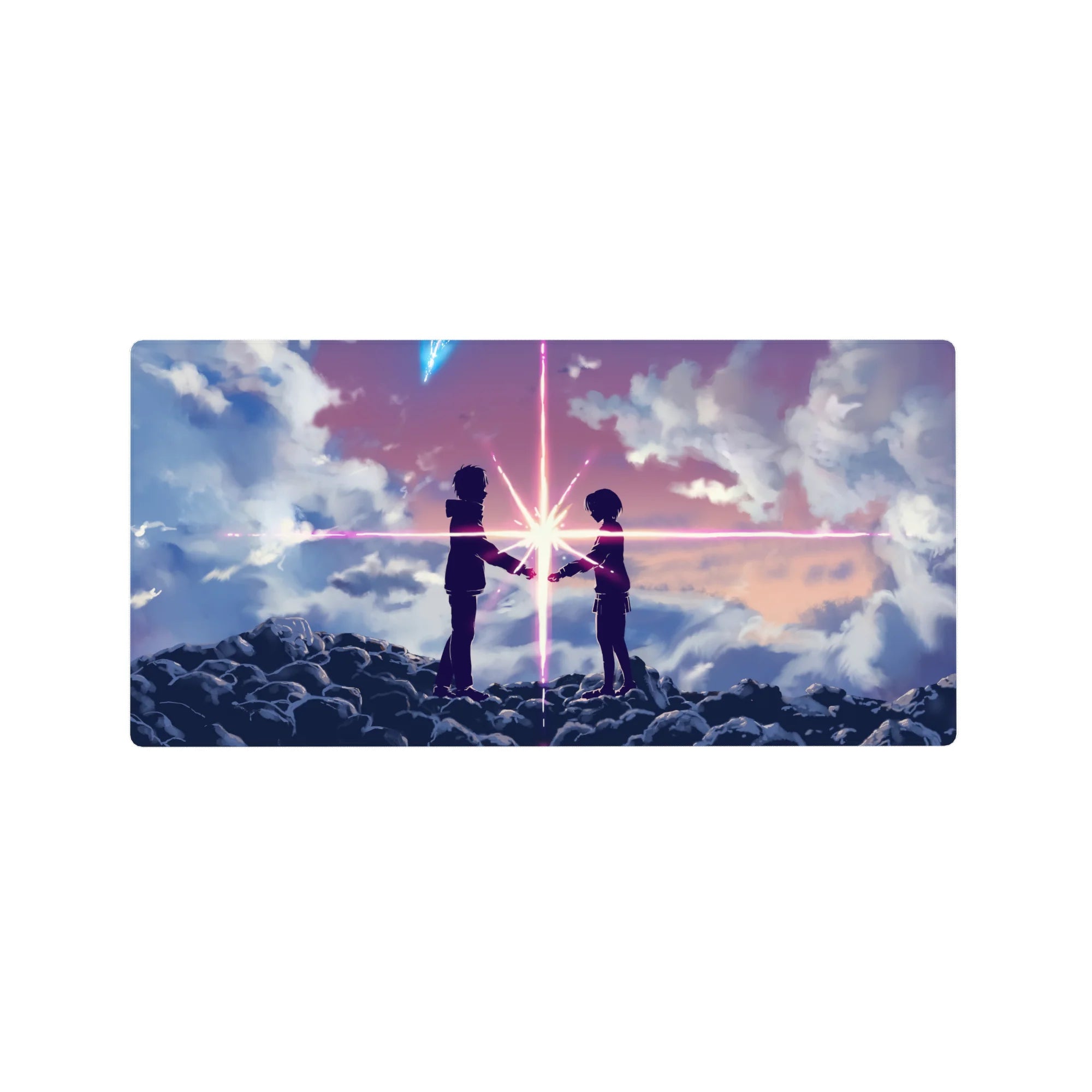 32x16 inches anime mouse pad with two silhouetted teens reaching on ink-dark clouds, starburst between.
