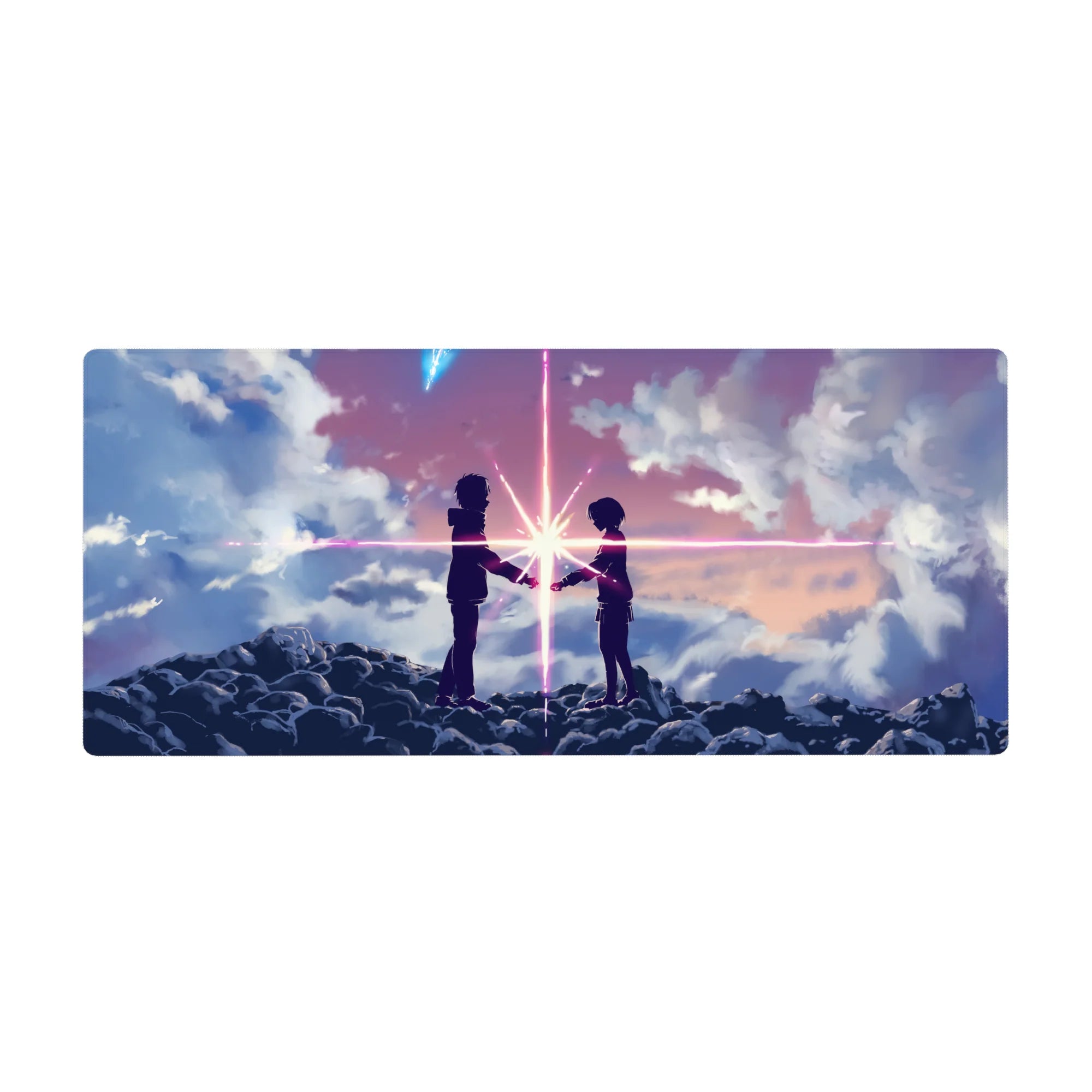 Anime desk pad 36x16 inches with two silhouetted teens and a starburst over ink-dark clouds.